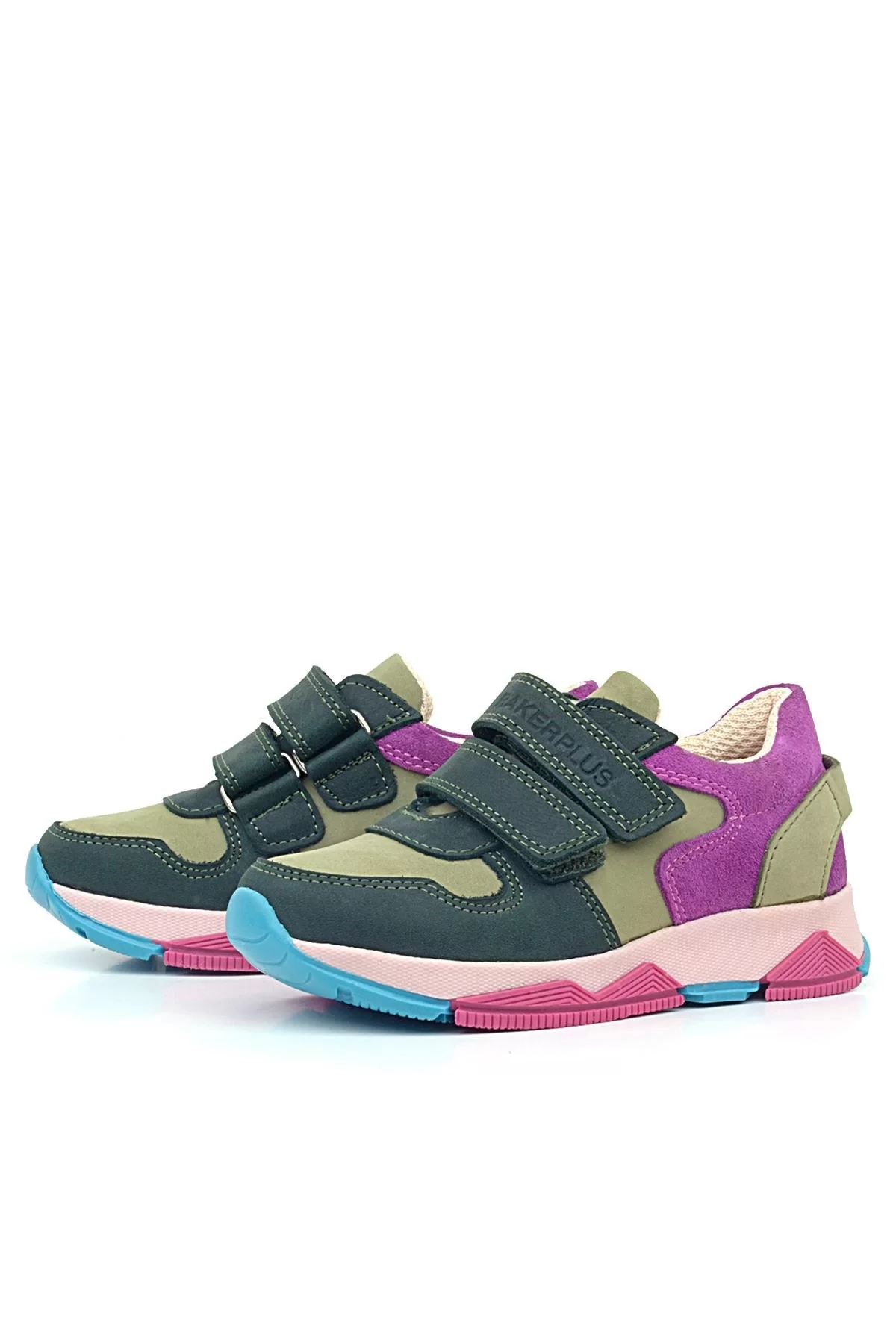 Rakerplus Hakiki Deri Haki Yeşil Fuşya Çocuk Cırtlı Sneakers Spor Ayakkabı