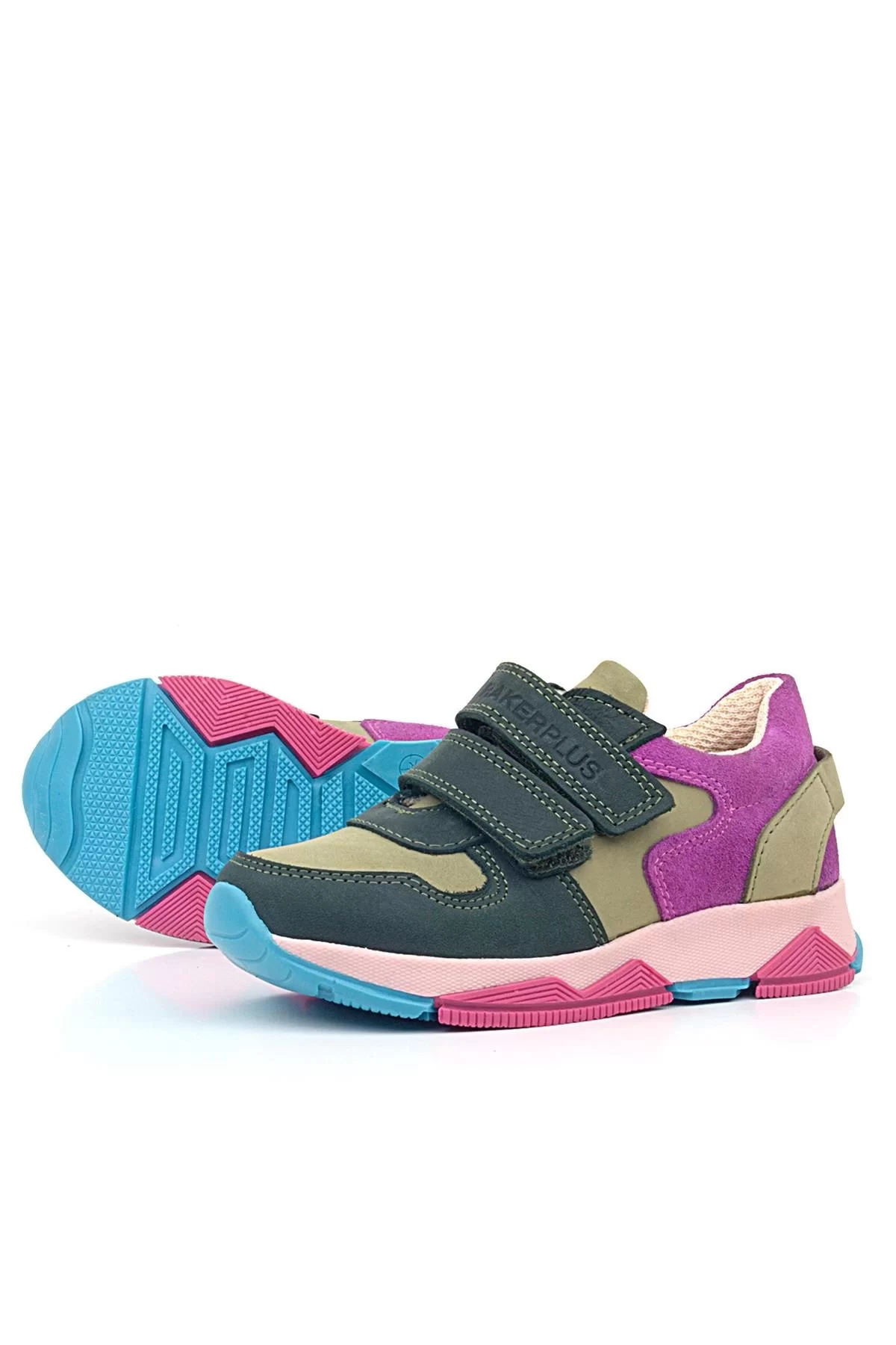 Rakerplus Hakiki Deri Haki Yeşil Fuşya Çocuk Cırtlı Sneakers Spor Ayakkabı