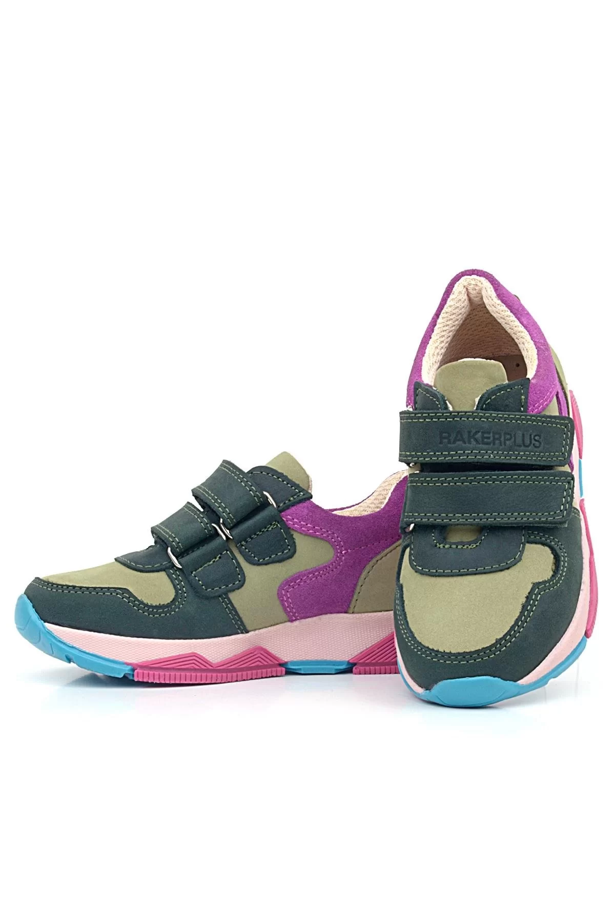 Rakerplus Hakiki Deri Haki Yeşil Fuşya Çocuk Cırtlı Sneakers Spor Ayakkabı