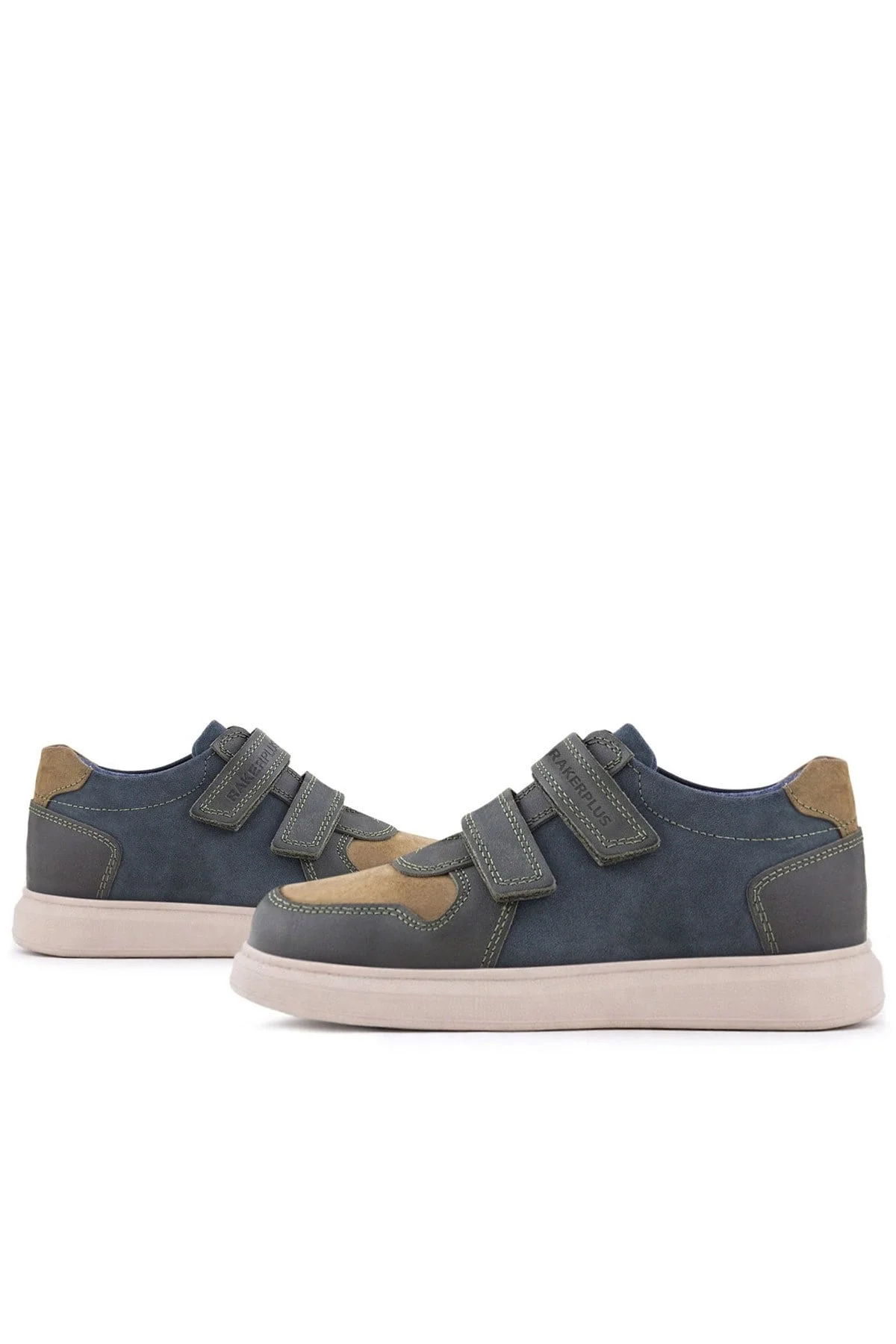 Rakerplus Hakiki Deri Haki Yeşil Lacivert Cırtlı Hafif Tabanlı Erkek Çocuk Spor Ayakkabı