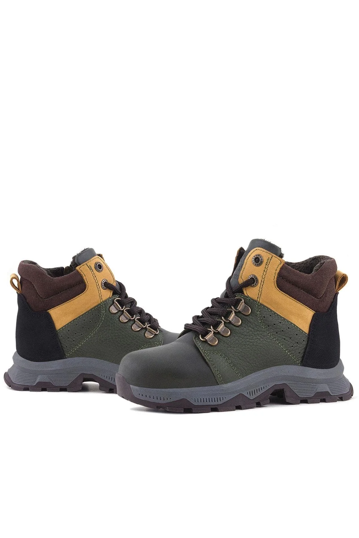 Rakerplus Hakiki Deri Haki Yeşil Sarı Fermuarlı Trekking Çocuk Bot