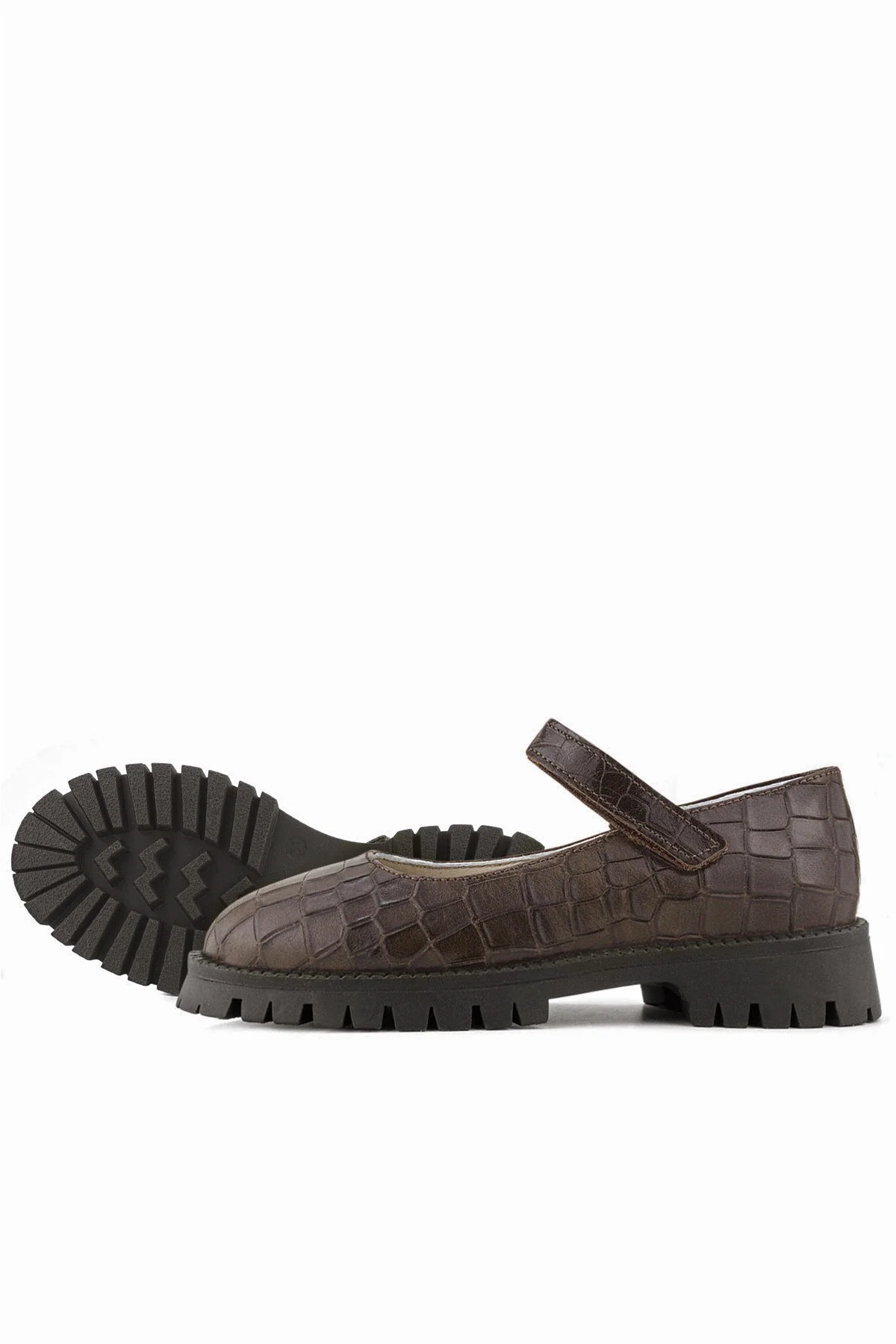 Rakerplus Hakiki Deri Kahverengi Desenli Cırtlı Kalın Tabanlı Kız Çocuk Ayakkabısı