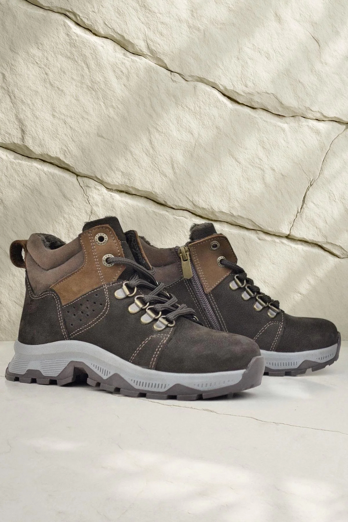 Rakerplus Hakiki Deri Kahverengi Fermuarlı Trekking Çocuk Bot