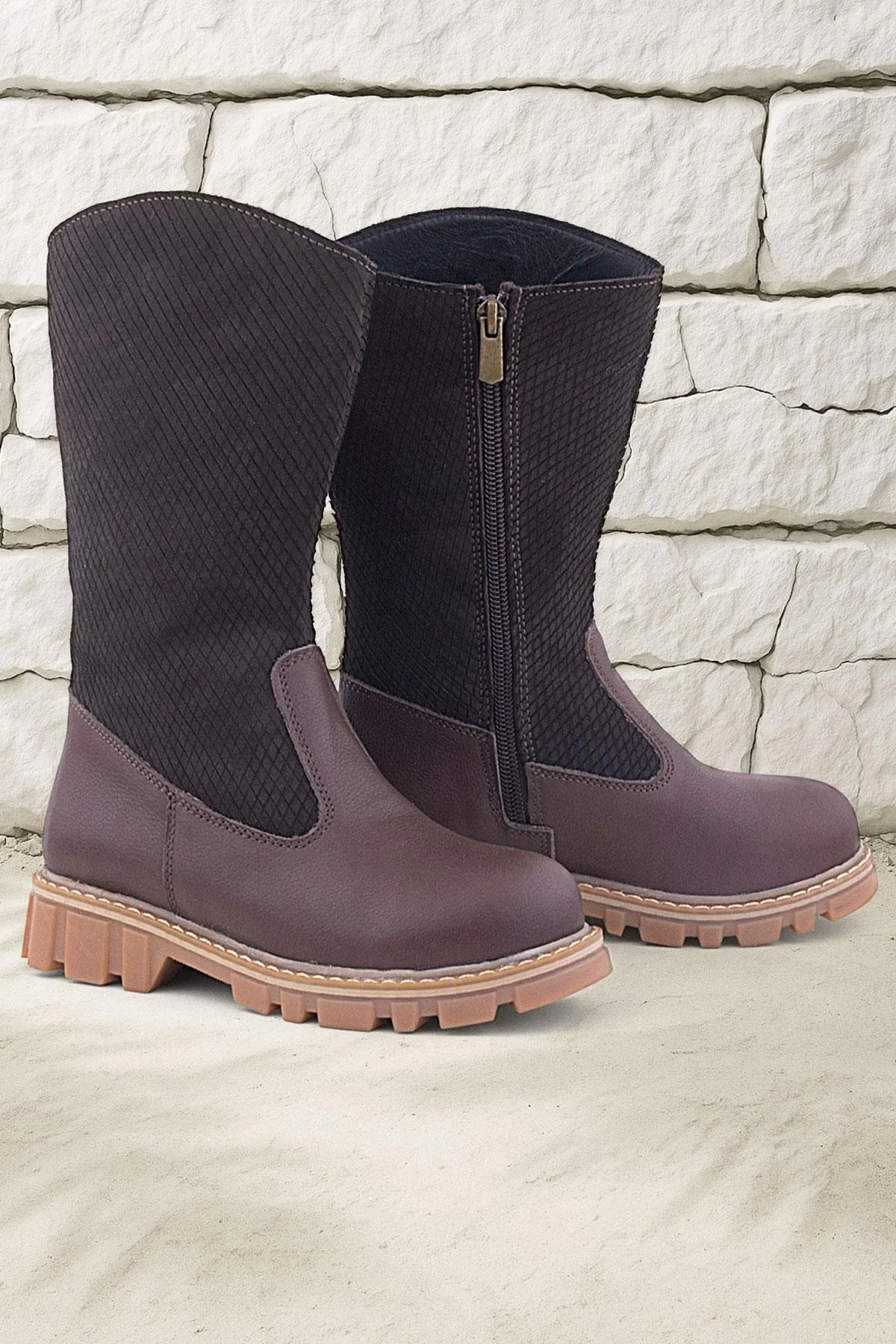 Rakerplus Hakiki Deri Kahverengi Fermuarlı Uzun Kız Çocuk Çizme