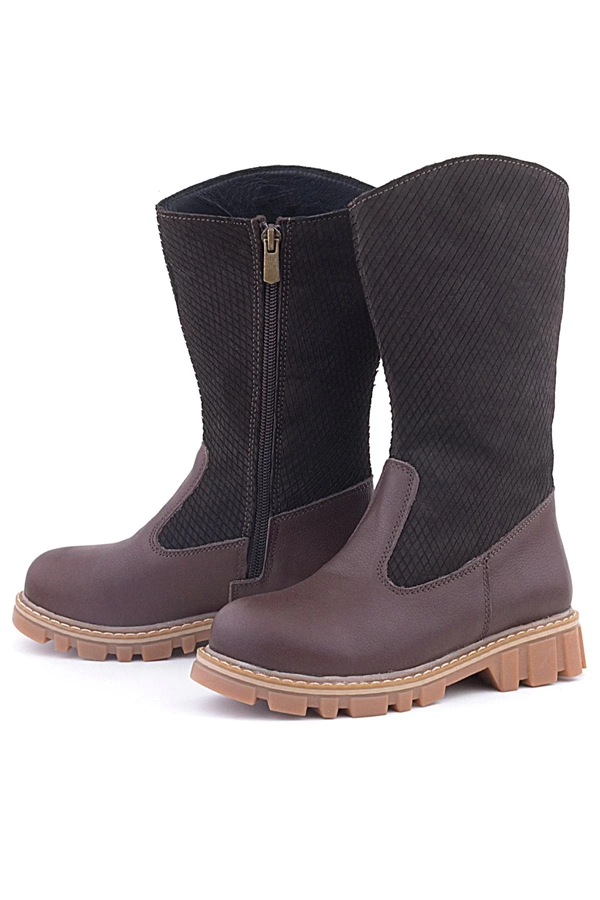 Rakerplus Hakiki Deri Kahverengi Fermuarlı Uzun Kız Çocuk Çizme