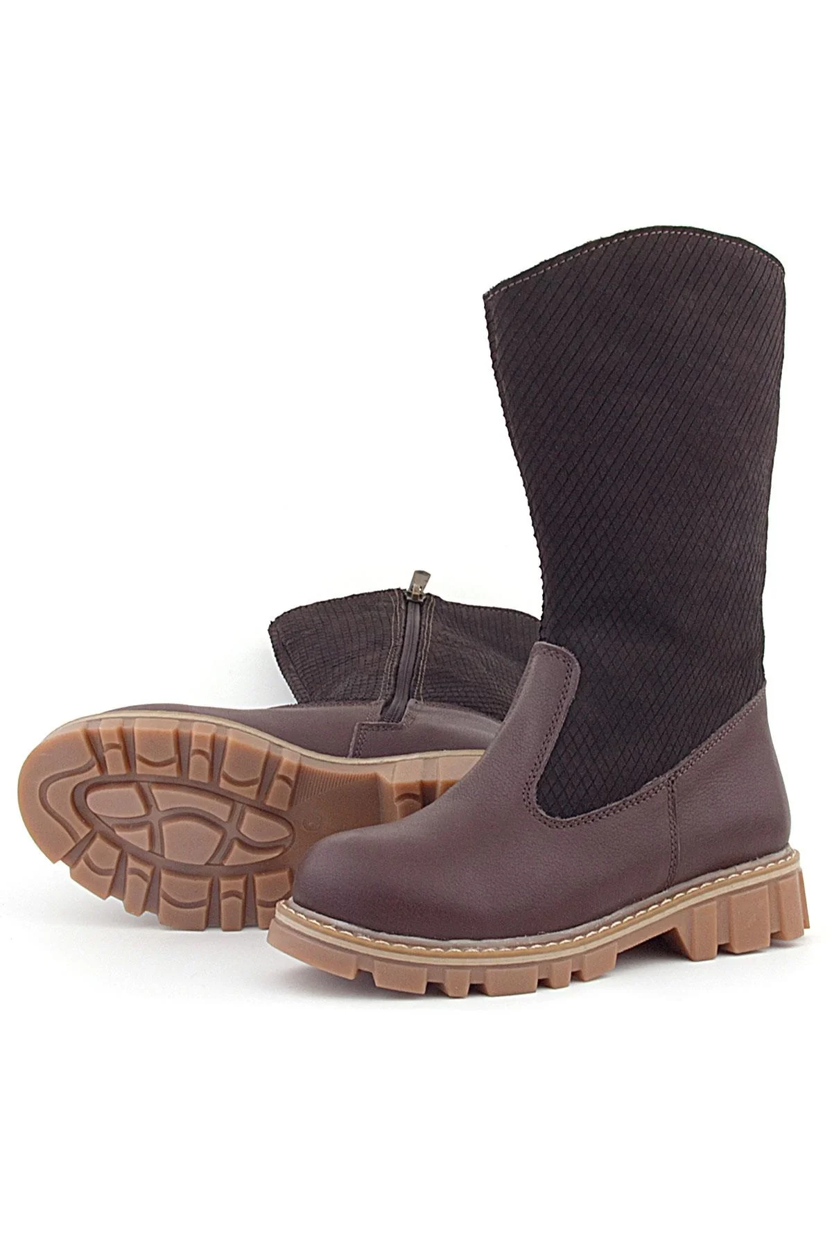 Rakerplus Hakiki Deri Kahverengi Fermuarlı Uzun Kız Çocuk Çizme