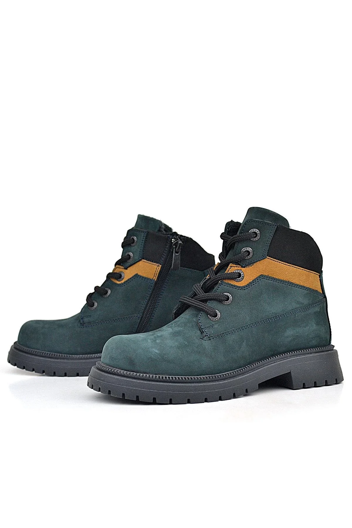 Rakerplus Hakiki Deri Koyu Yeşil Taba Bağcıklı Fermuarlı Kışlık Çocuk Bot
