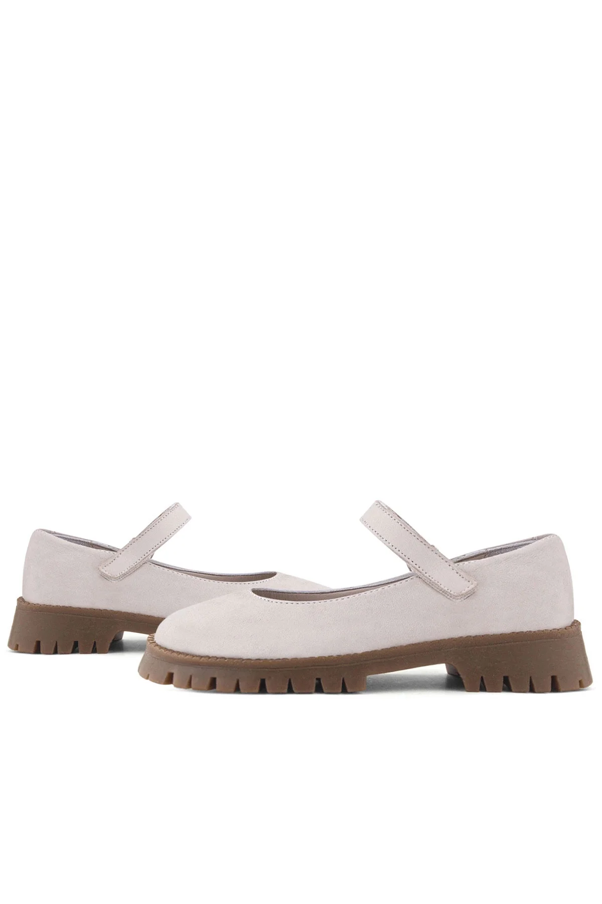 Rakerplus Hakiki Deri Krem Nubuk Cırtlı Kalın Tabanlı Kız Çocuk Okul Ayakkabısı