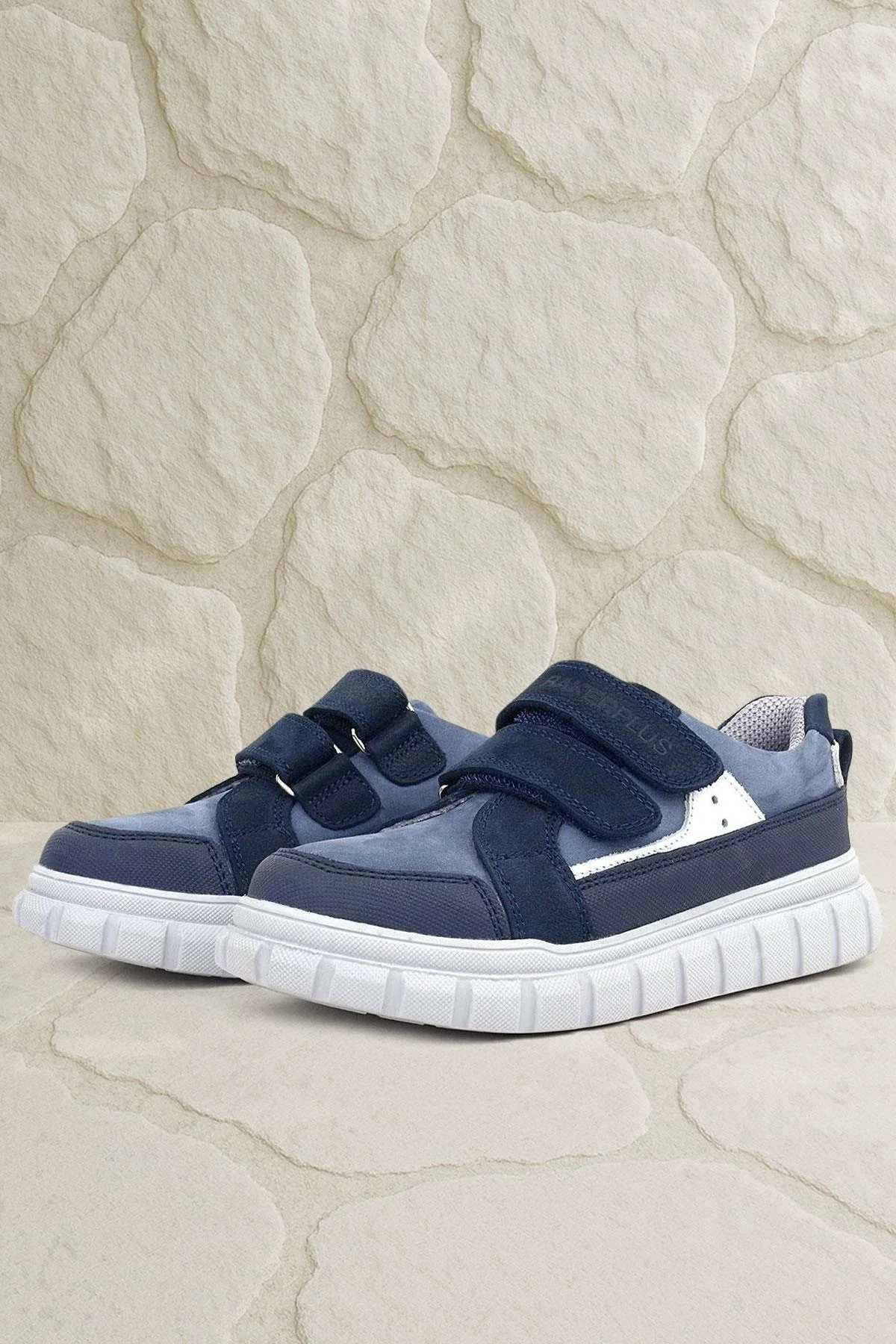 Rakerplus Hakiki Deri Lacivert Beyaz Cırtlı Çocuk Günlük Spor Okul Ayakkabı