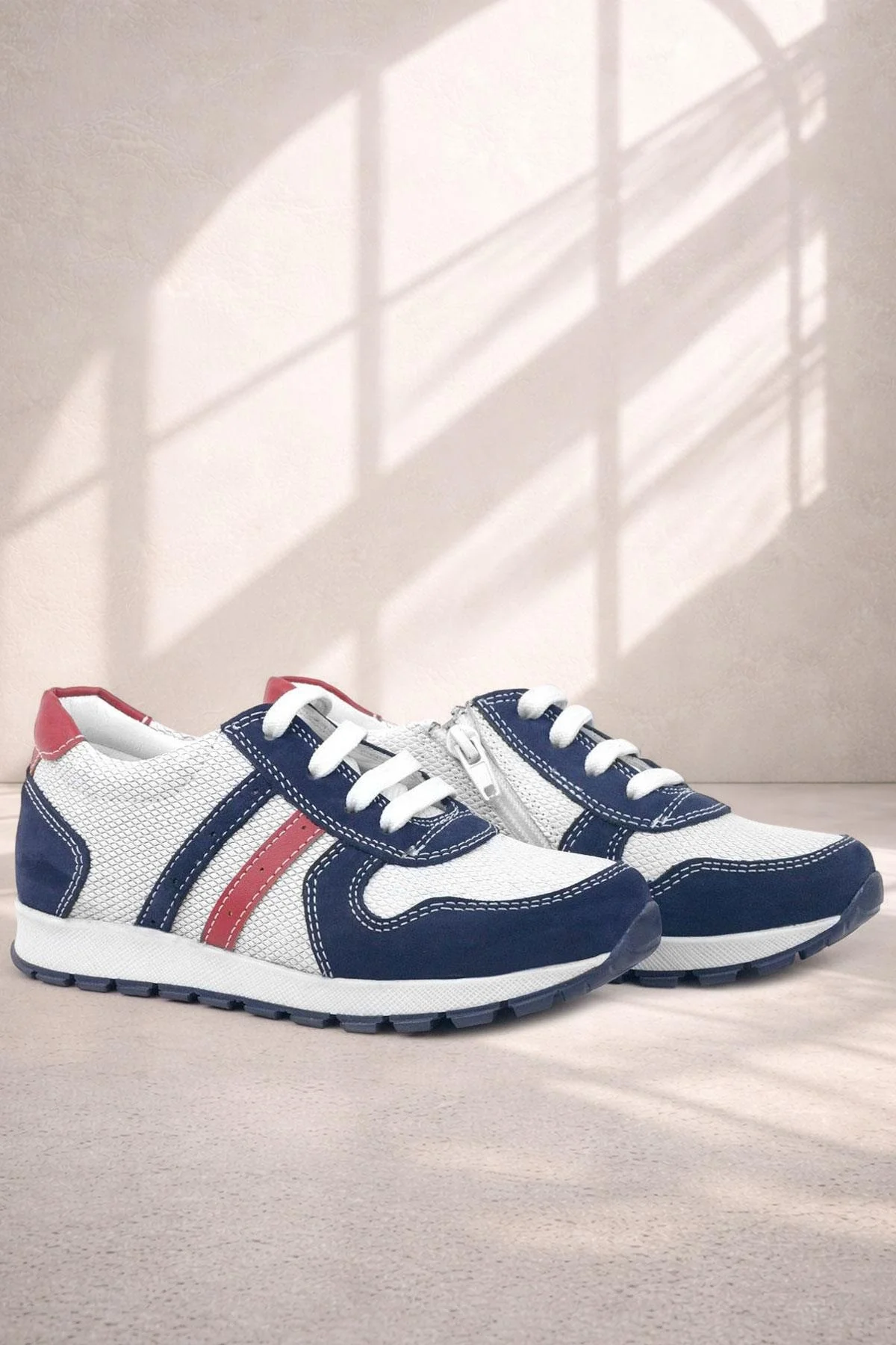 Rakerplus Hakiki Deri Lacivert Beyaz Fermuarlı Çocuk Spor Ayakkabı