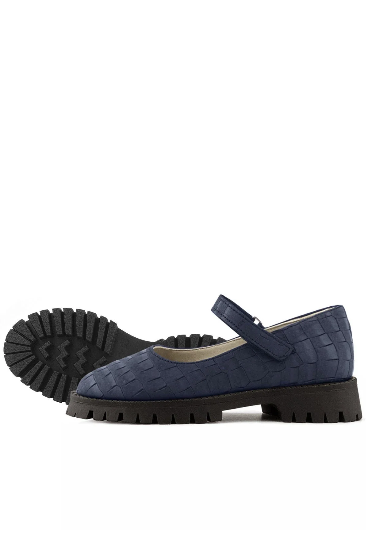 Rakerplus Hakiki Deri Lacivert Desenli Cırtlı Kalın Tabanlı Kız Çocuk Ayakkabısı