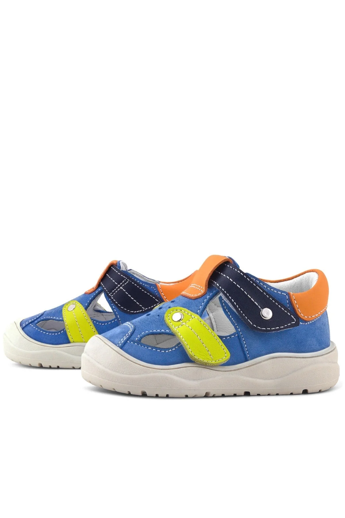 Rakerplus Hakiki Deri Mavi Turuncu Cırt Cırtlı Bebek Sandalet