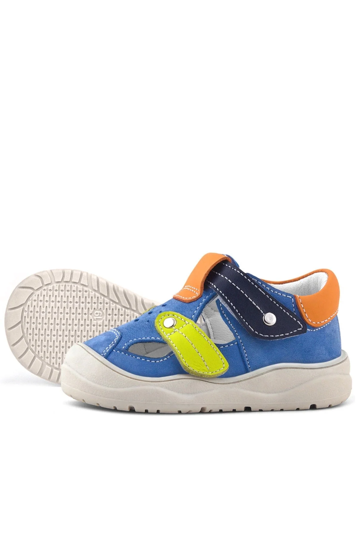 Rakerplus Hakiki Deri Mavi Turuncu Cırt Cırtlı Bebek Sandalet