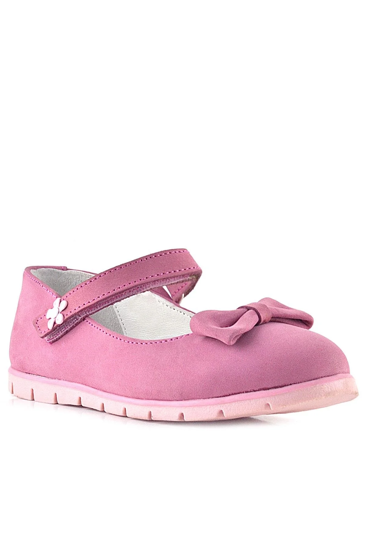Rakerplus Hakiki Deri Pembe Fiyonklu Çiçek Detaylı Cırtlı Kız Çocuk Babet