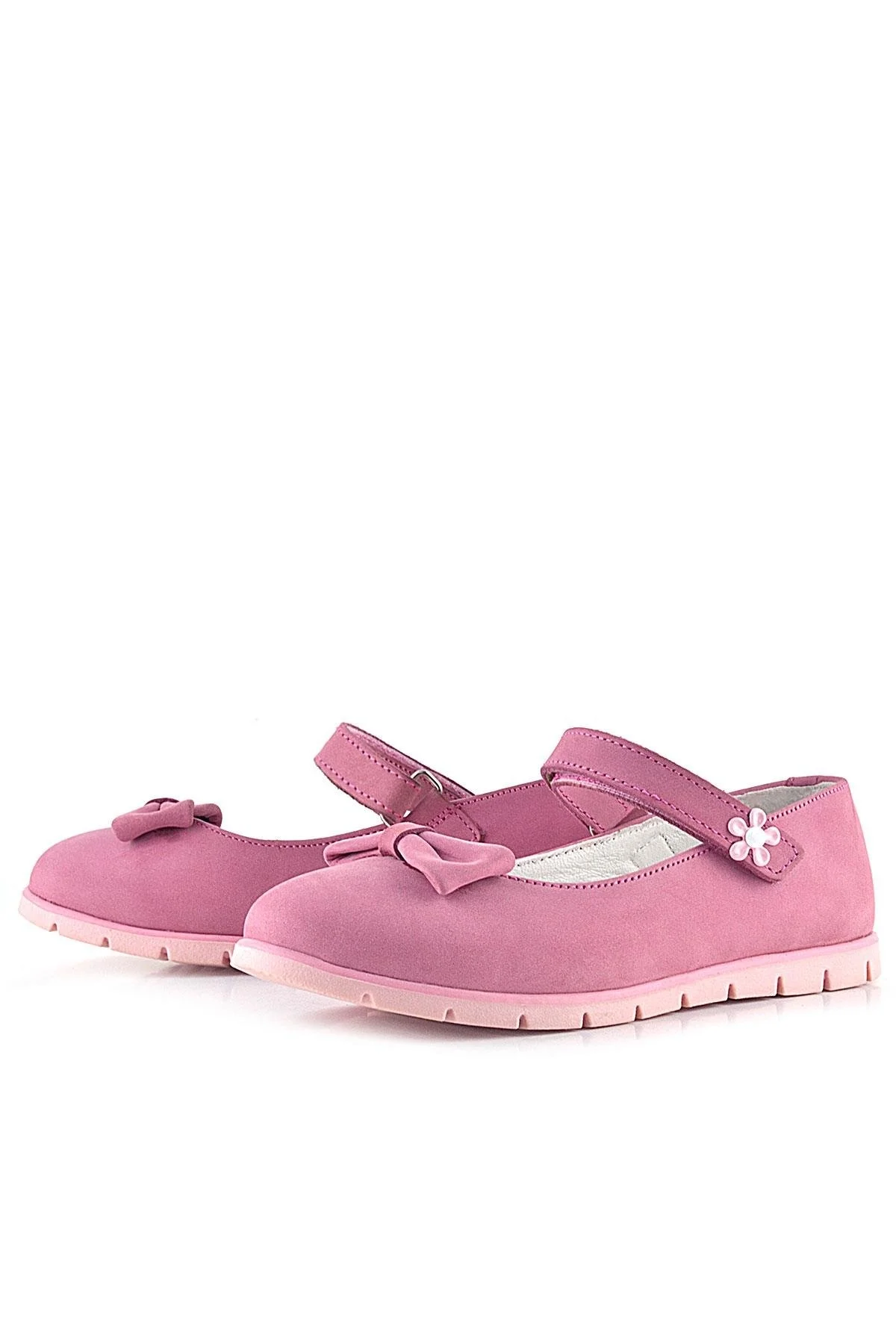 Rakerplus Hakiki Deri Pembe Fiyonklu Çiçek Detaylı Cırtlı Kız Çocuk Babet