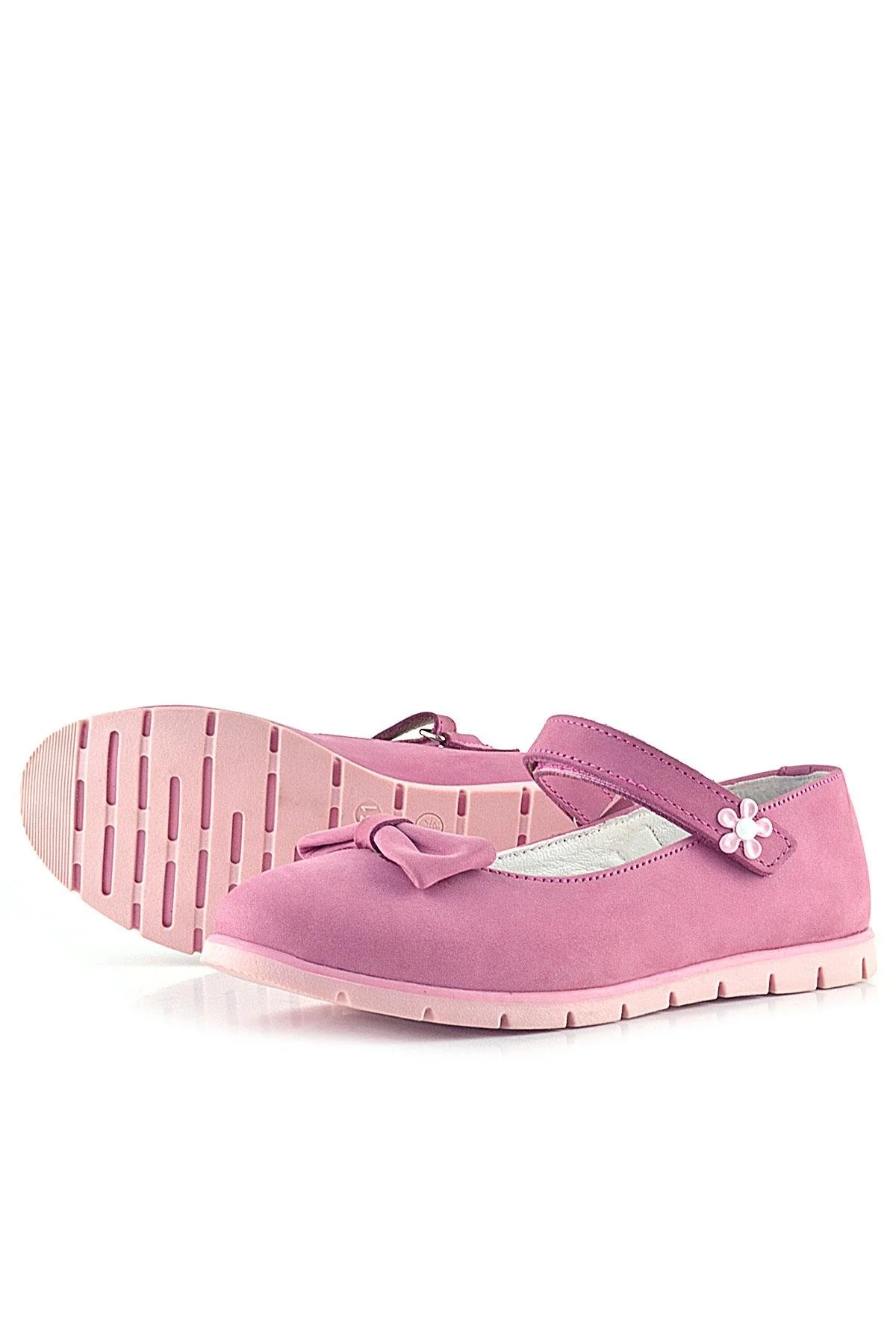 Rakerplus Hakiki Deri Pembe Fiyonklu Çiçek Detaylı Cırtlı Kız Çocuk Babet
