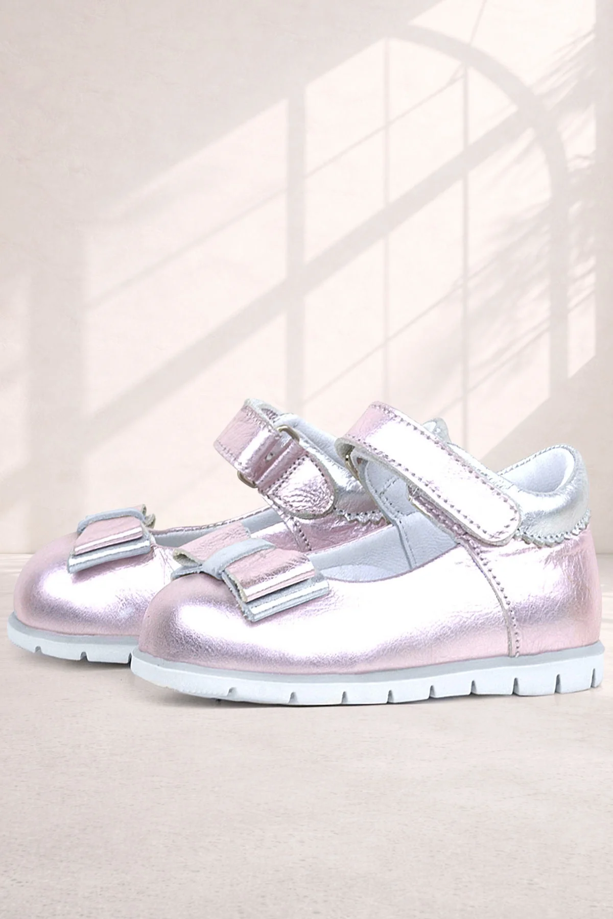 Rakerplus Hakiki Deri Pembe Gümüş Kız Bebek Babet Ayakkabı