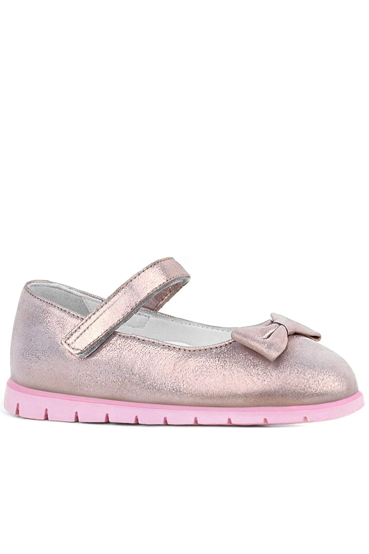 Rakerplus Hakiki Deri Pembe Simli Fiyonklu Cırtlı Kız Çocuk Babet Ayakkabı
