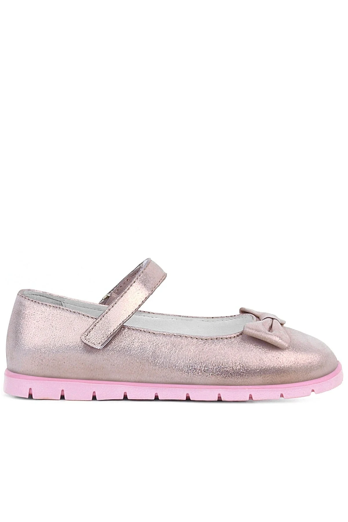 Rakerplus Hakiki Deri Pembe Simli Fiyonklu Cırtlı Kız Çocuk Babet Ayakkabı