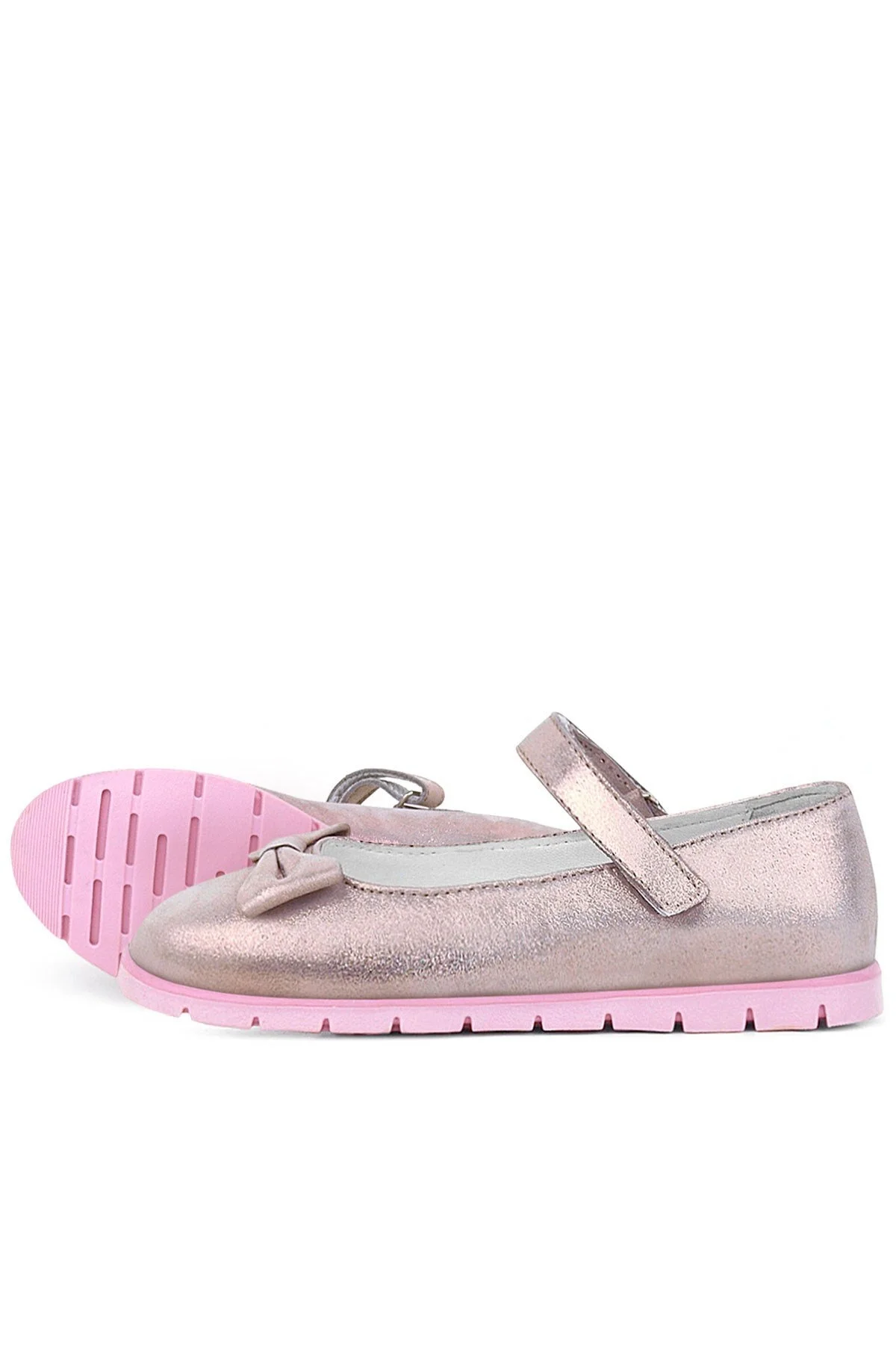Rakerplus Hakiki Deri Pembe Simli Fiyonklu Cırtlı Kız Çocuk Babet Ayakkabı