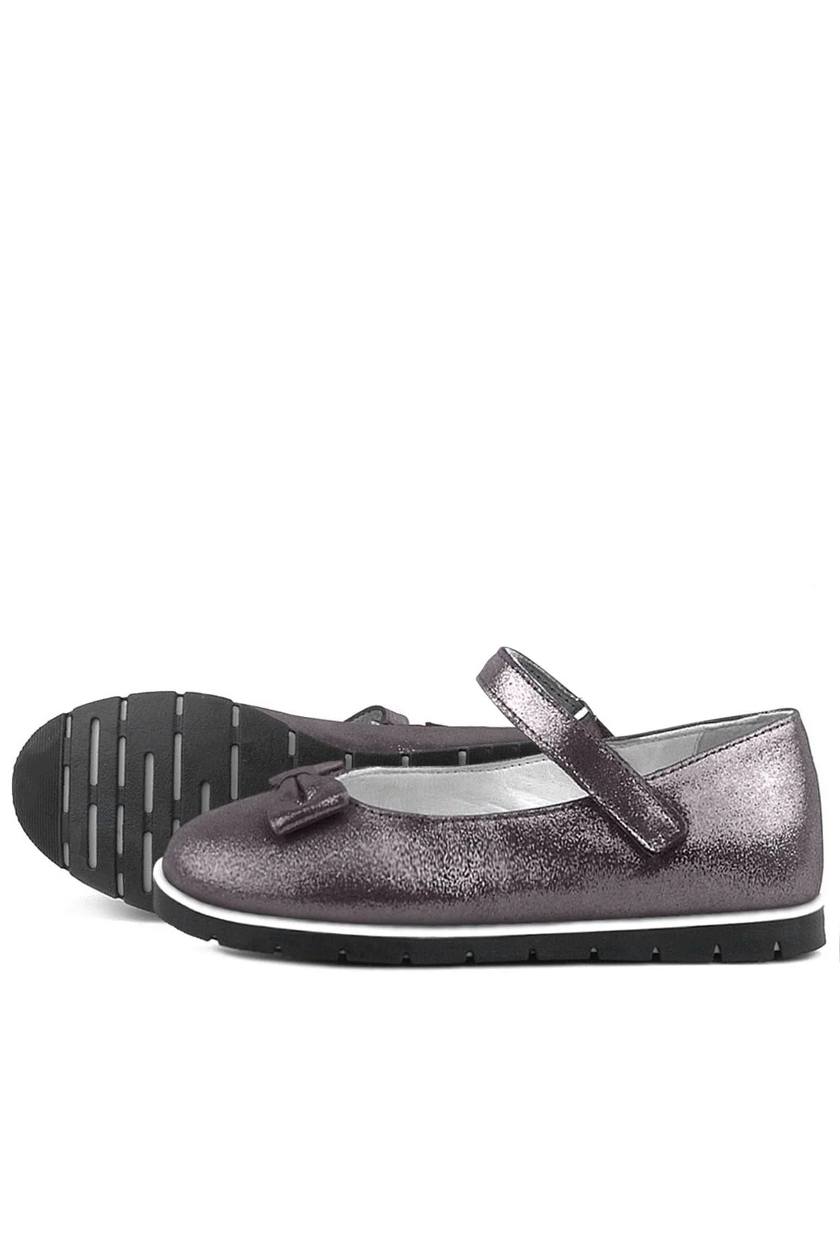 Rakerplus Hakiki Deri Platin Gri Cırtlı Kız Çocuk Babet Ayakkabı