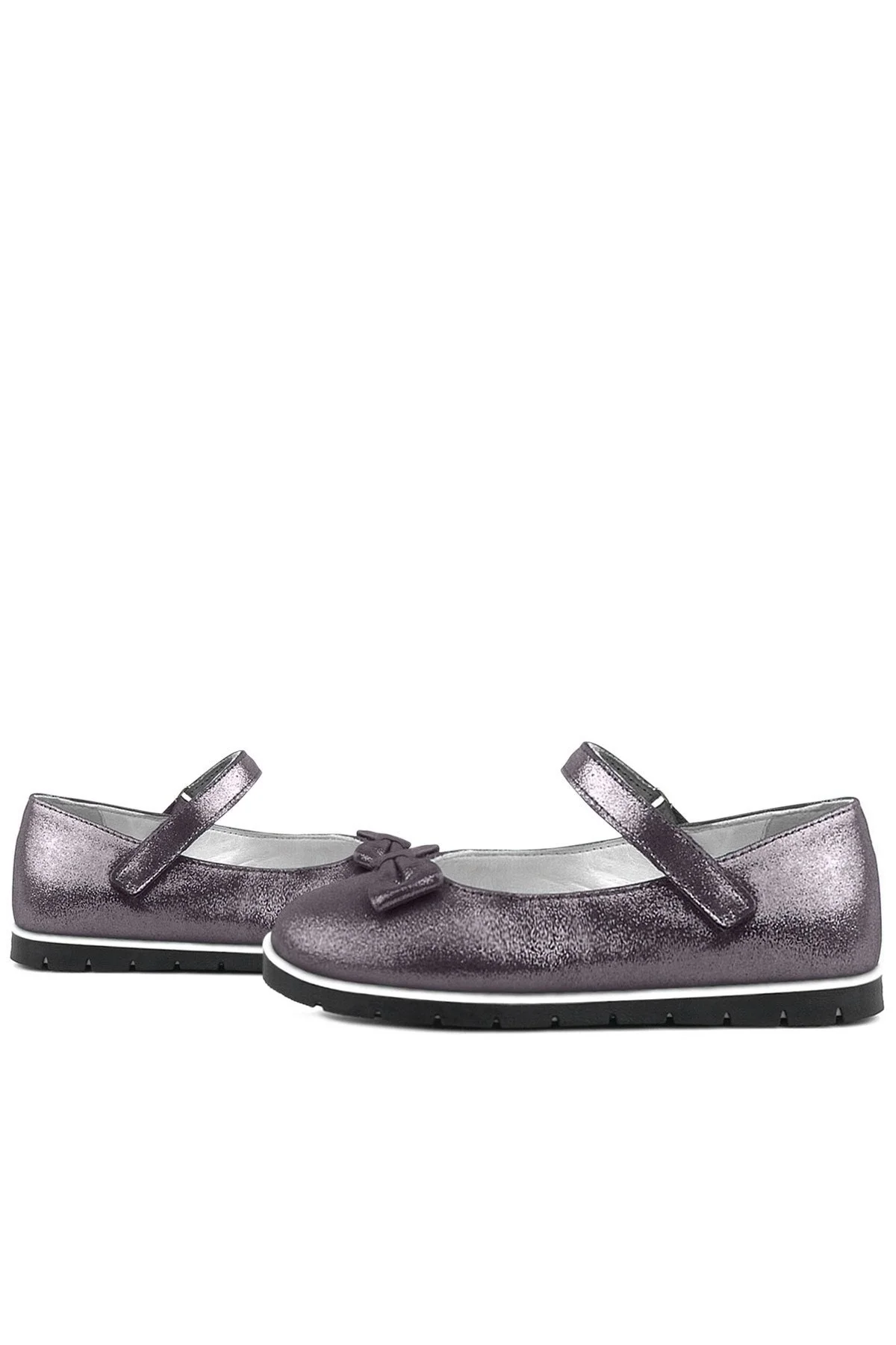 Rakerplus Hakiki Deri Platin Gri Cırtlı Kız Çocuk Babet Ayakkabı