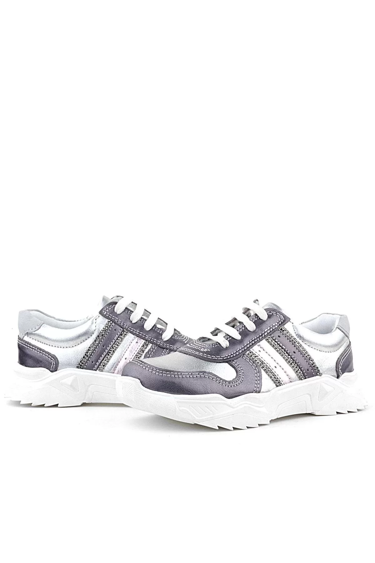 Rakerplus Hakiki Deri Platin Pembe Parlak Taşlı Kız Çocuk Sneakers Ayakkabı
