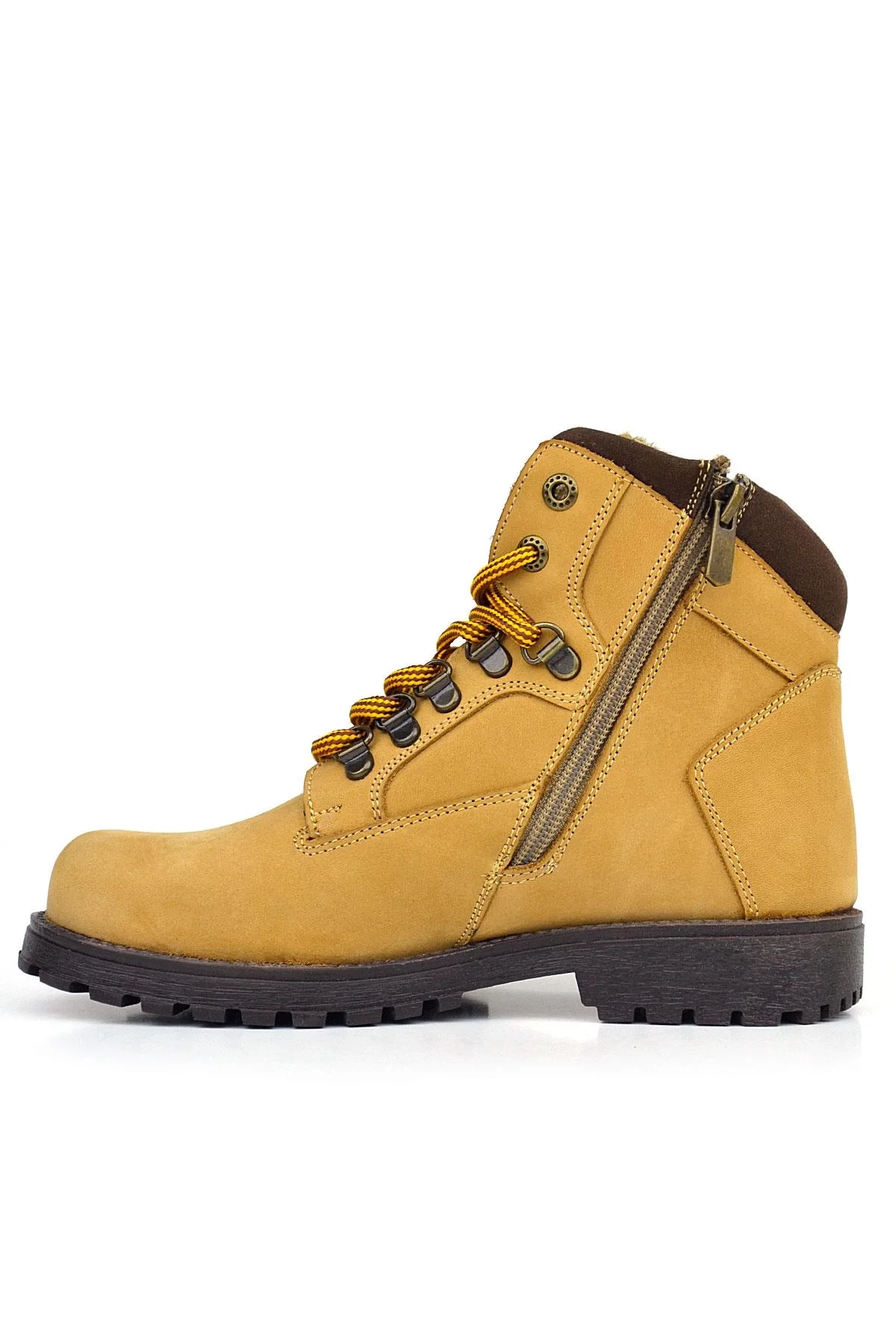 Rakerplus Hakiki Deri Sarı Kahve Bağcıklı Fermuarlı Çocuk Bot