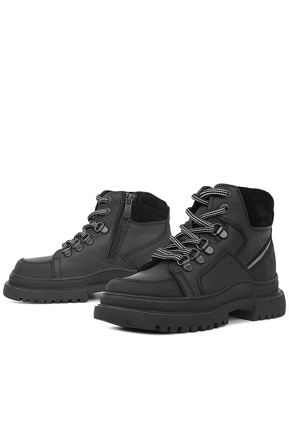 Rakerplus Hakiki Deri Siyah Cilt Fermuarlı Bağcıklı Çocuk Bot