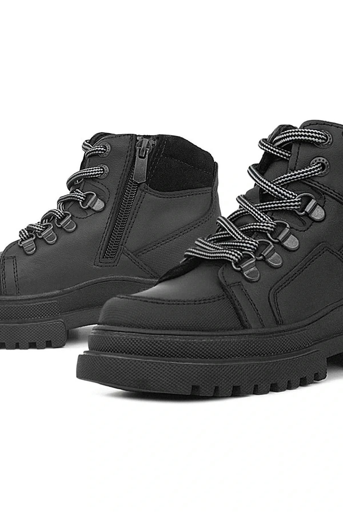 Rakerplus Hakiki Deri Siyah Cilt Fermuarlı Bağcıklı Çocuk Bot