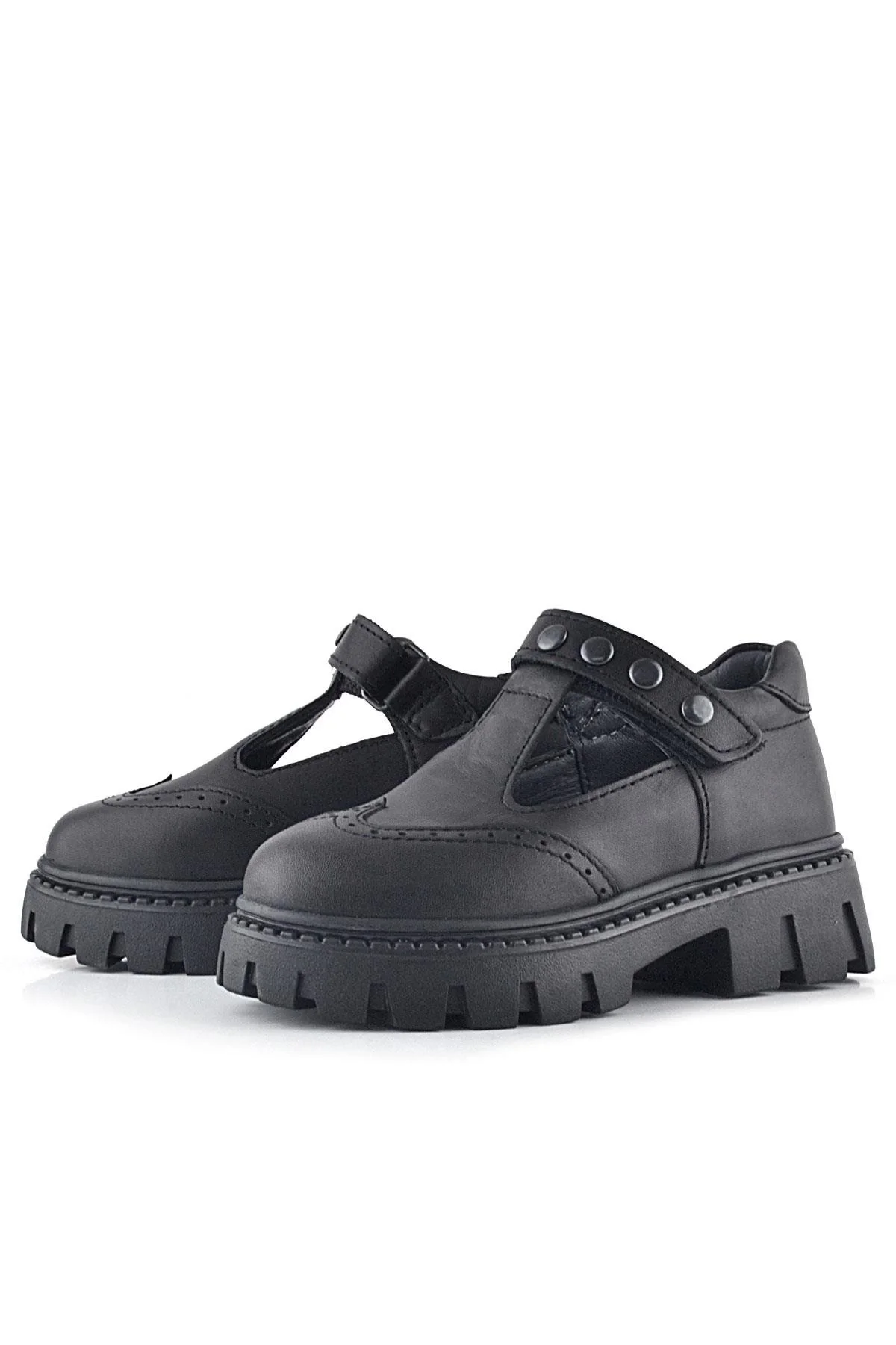 Rakerplus Hakiki Deri Siyah Cırtlı Metal Detaylı Kız Çocuk Günlük Ayakkabı