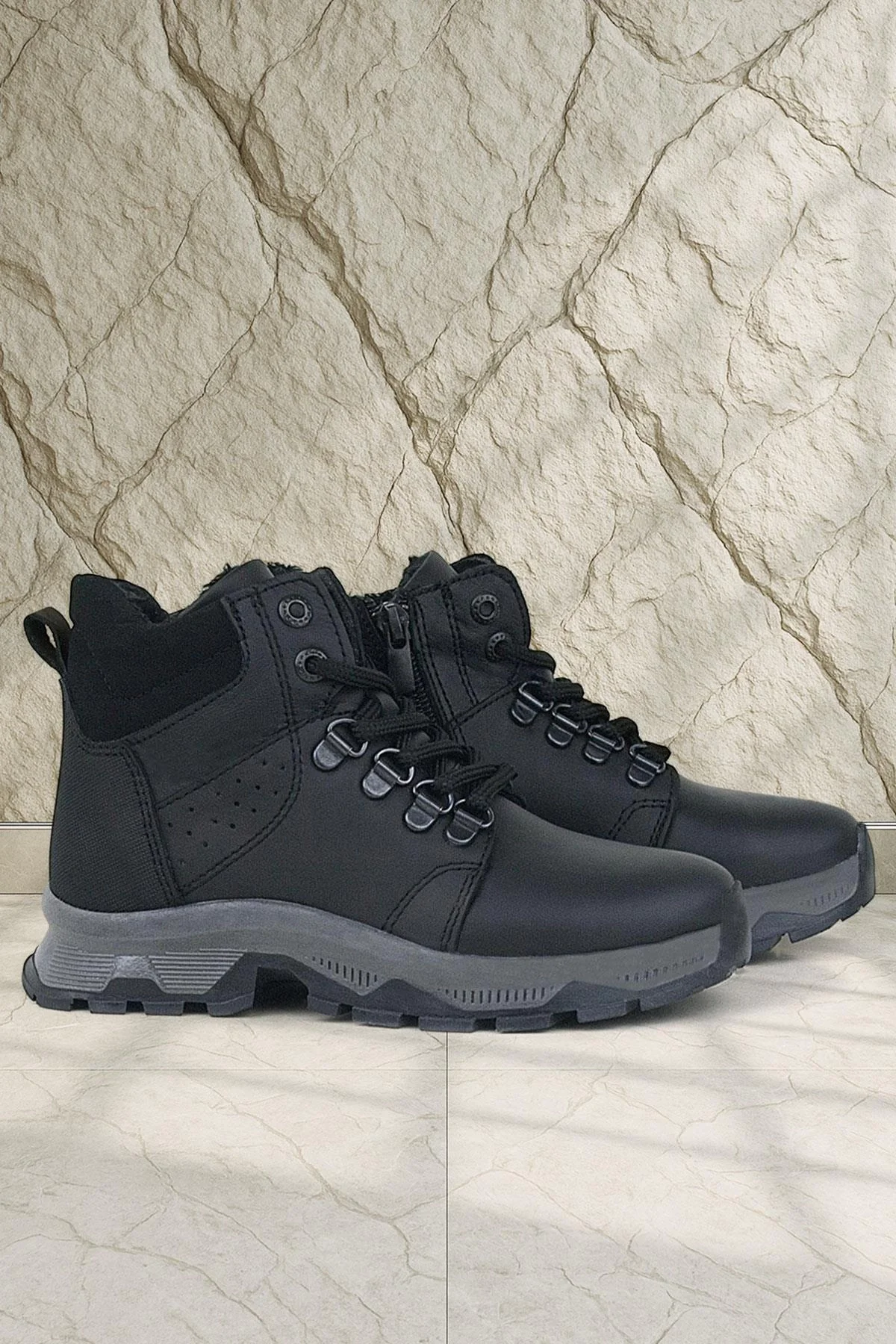 Rakerplus Hakiki Deri Siyah Fermuarlı Trekking Erkek Çocuk Bot