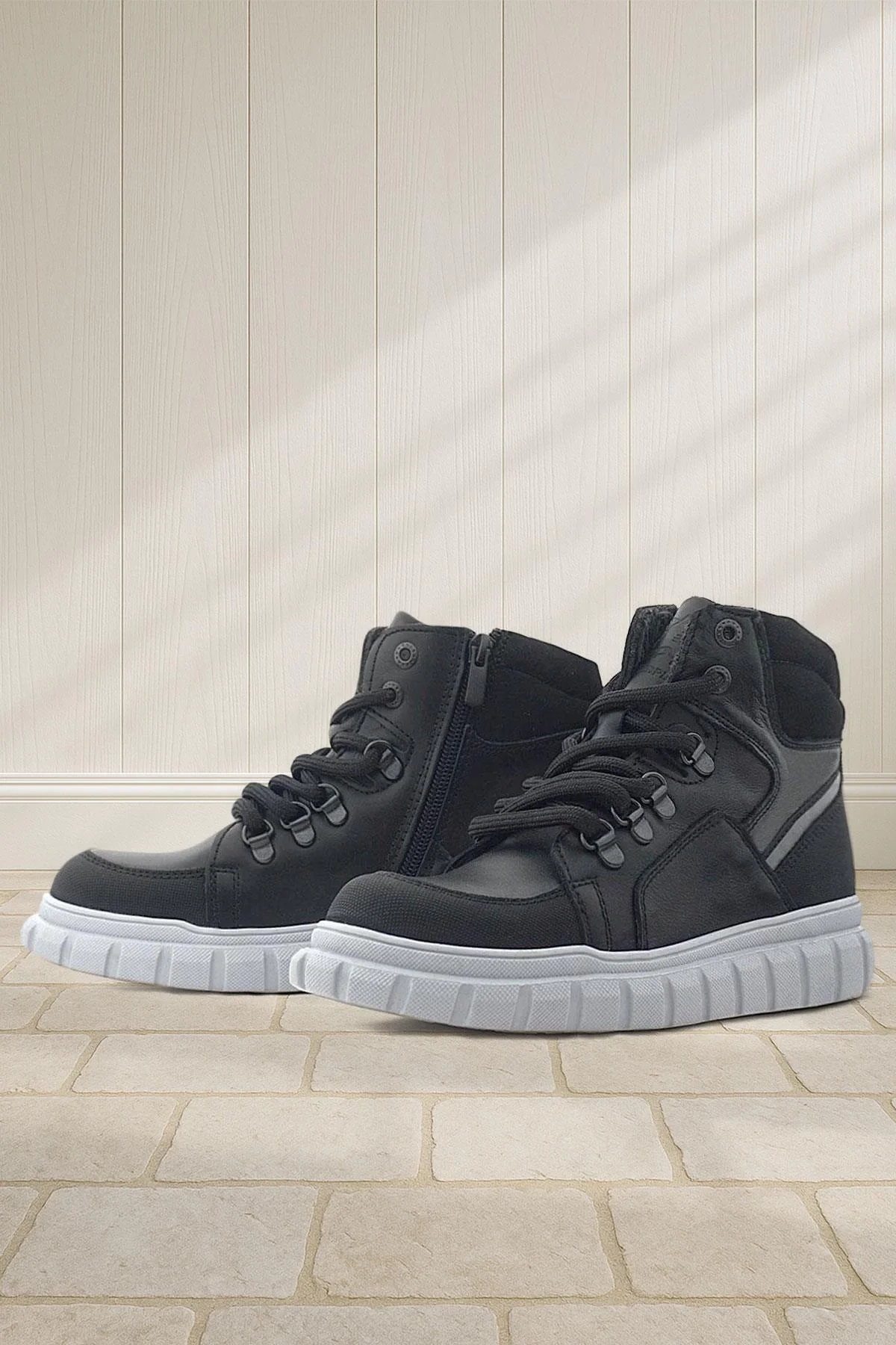 Rakerplus Hakiki Deri Siyah Gri Fermuarlı Erkek Çocuk Bot