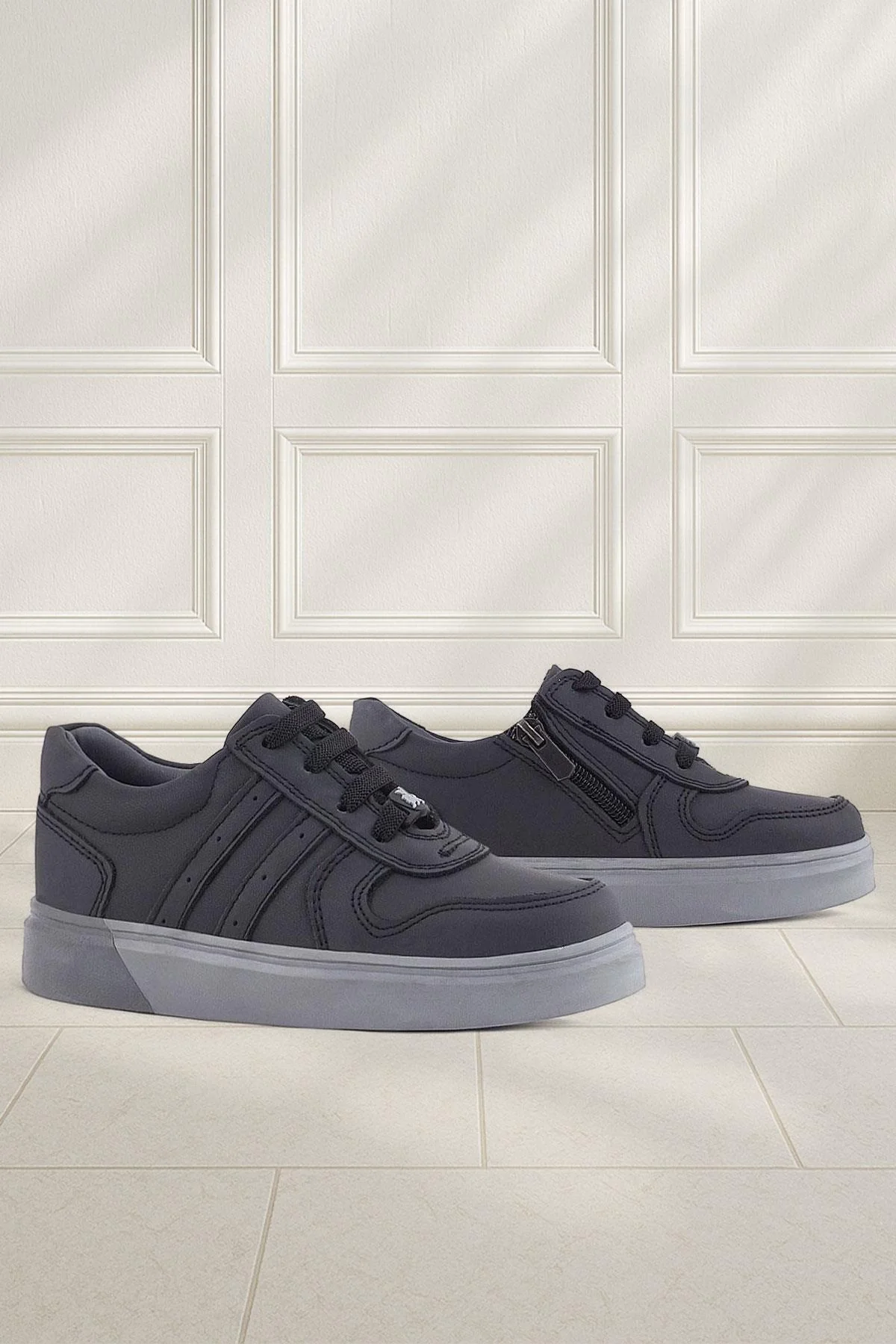 Rakerplus Hakiki Deri Siyah Gri Tabanlı Günlük Erkek Çocuk Okul Ayakkabısı