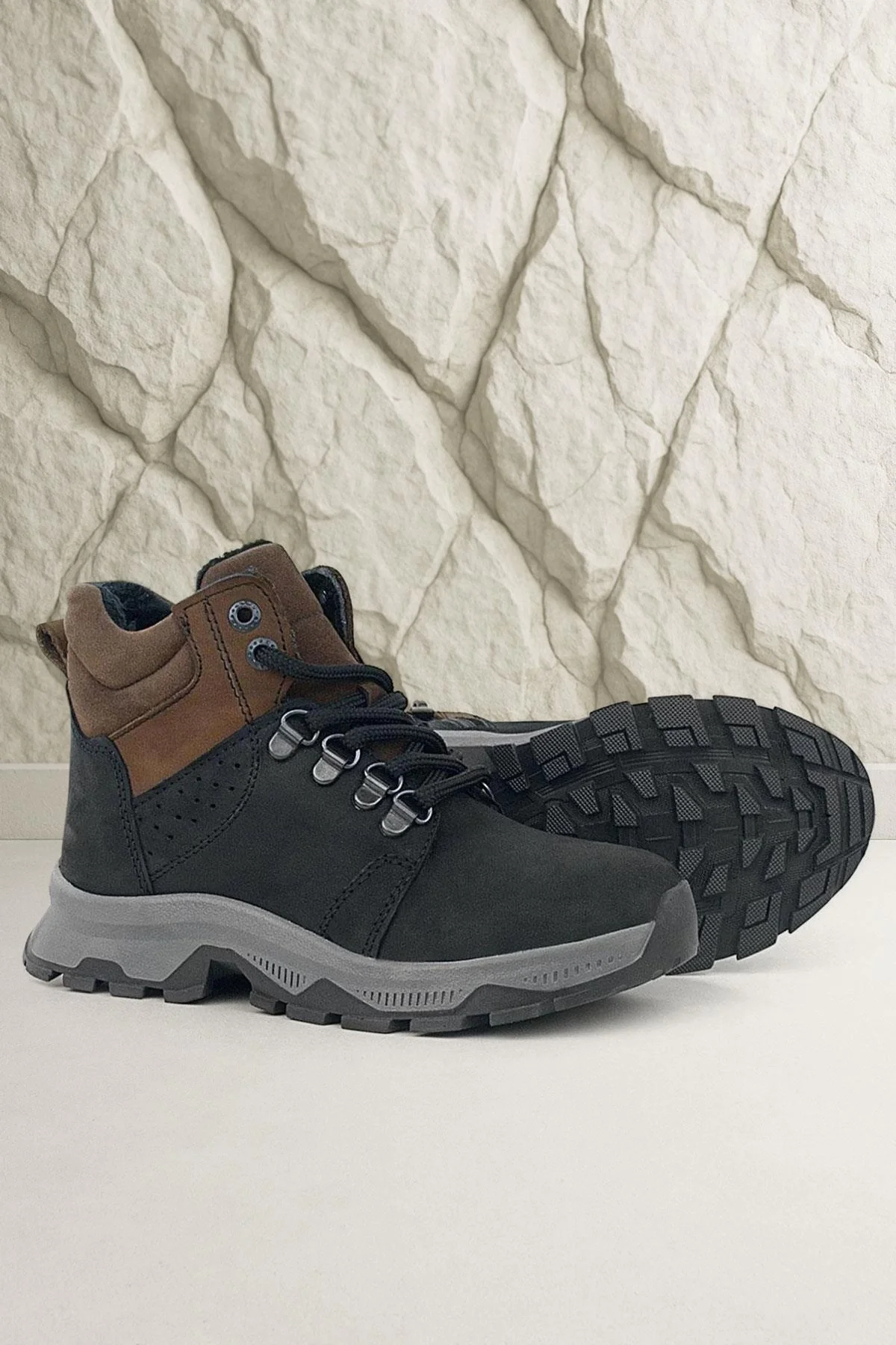 Rakerplus Hakiki Deri Siyah Kahverengi Fermuarlı Trekking Çocuk Bot