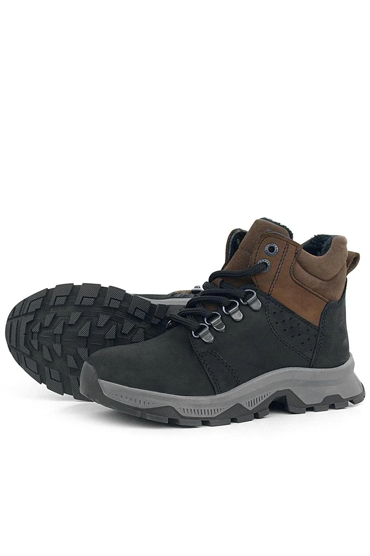 Rakerplus Hakiki Deri Siyah Kahverengi Fermuarlı Trekking Çocuk Bot