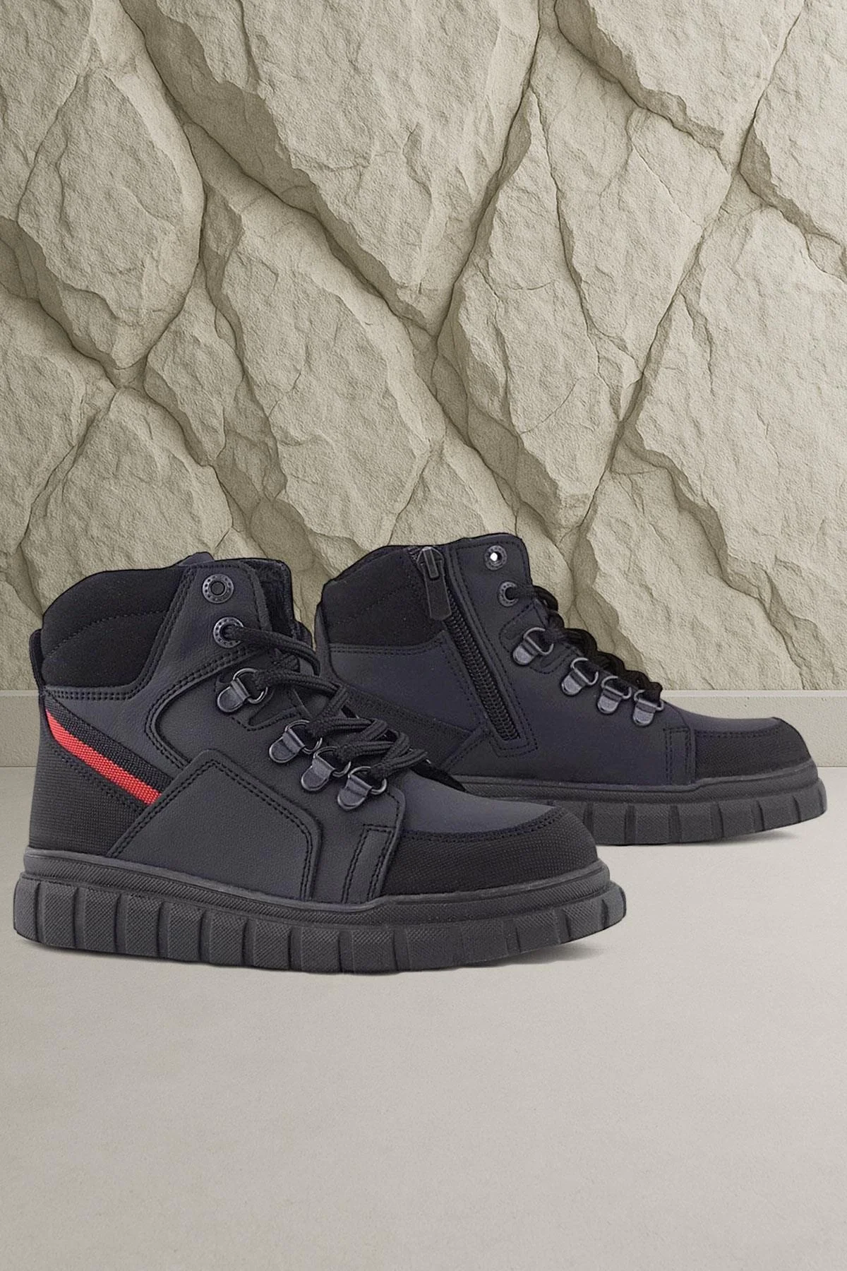 Rakerplus Hakiki Deri Siyah Kırmızı Fermuarlı Erkek Çocuk Bot