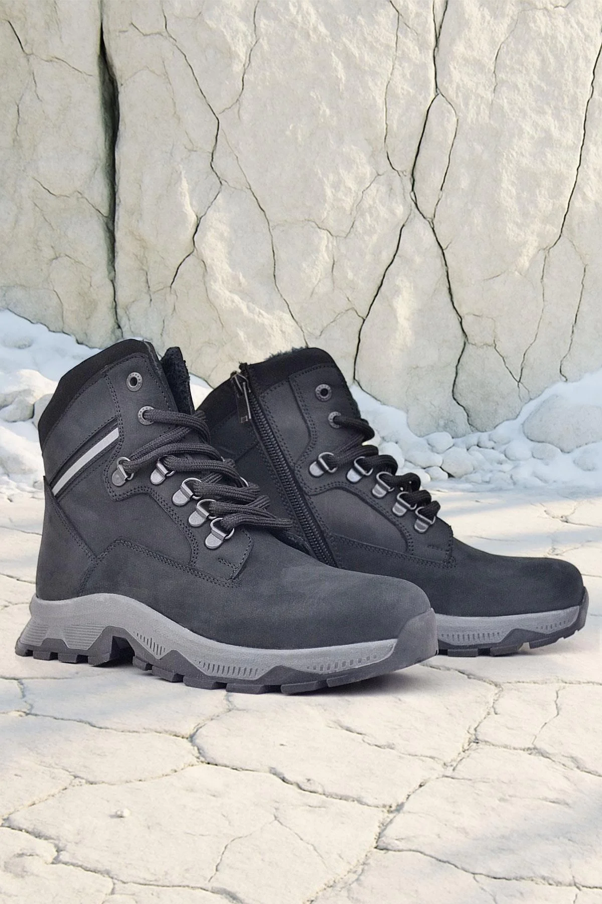 Rakerplus Hakiki Deri Siyah Süet Bağcıklı Fermuarlı Trekking Çocuk Bot