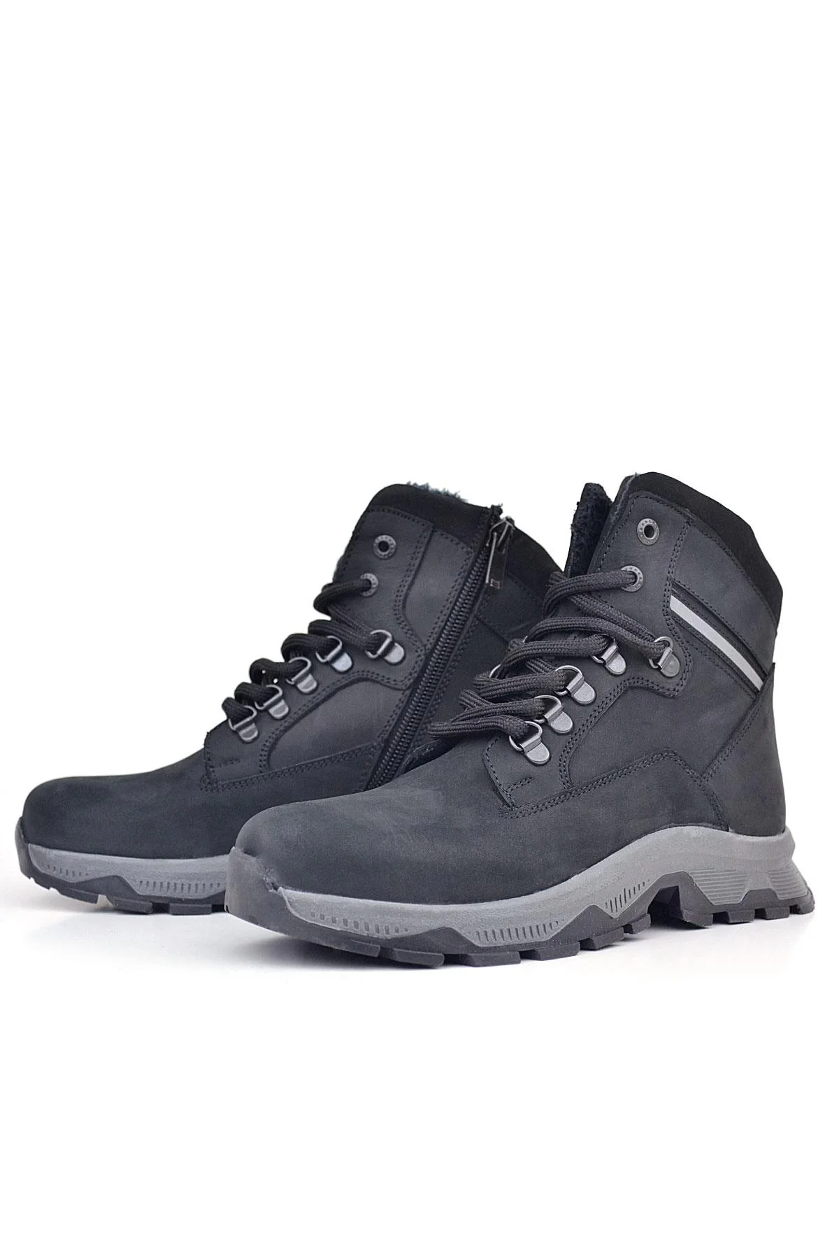 Rakerplus Hakiki Deri Siyah Süet Bağcıklı Fermuarlı Trekking Çocuk Bot