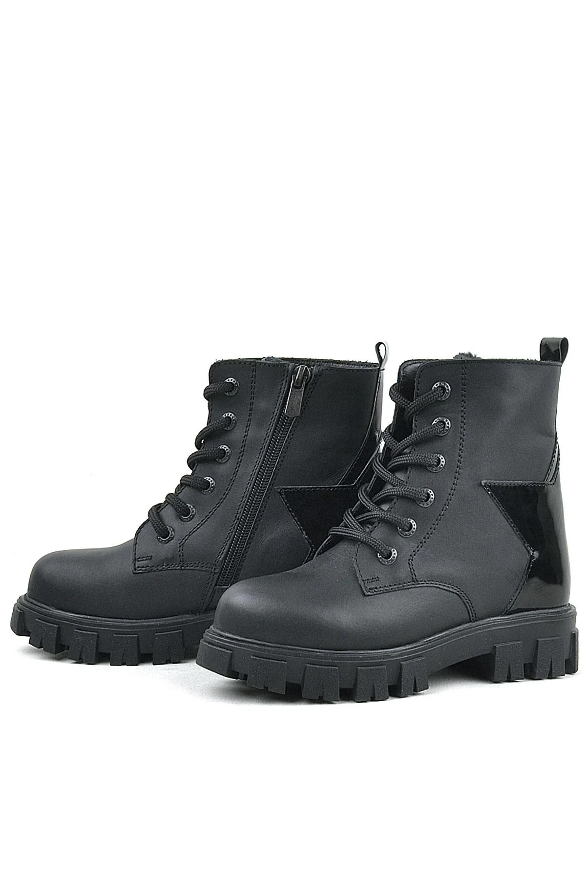 Rakerplus Hakiki Deri Siyah Yıldız Detaylı Kız Çocuk Bot