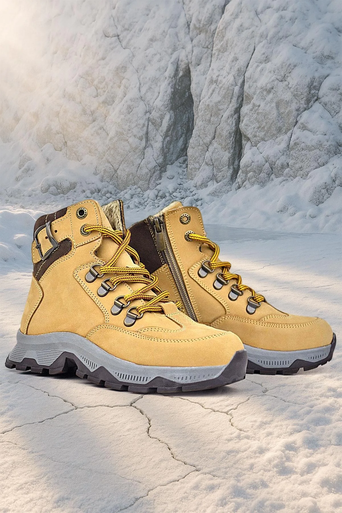 Rakerplus Hakiki Deri Taba Bağcıklı Fermuarlı Trekking Çocuk Bot