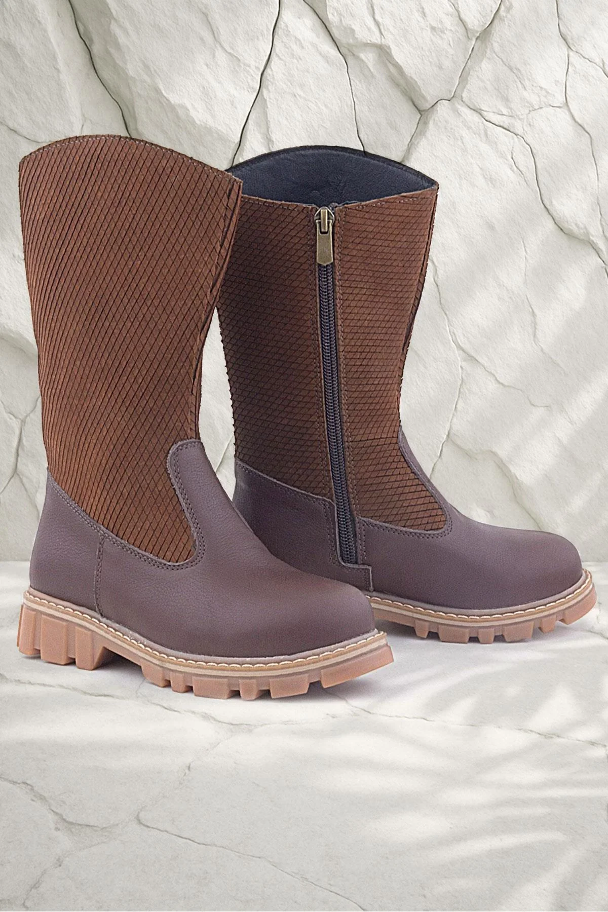 Rakerplus Hakiki Deri Taba Kahve Fermuarlı Uzun Kız Çocuk Çizme