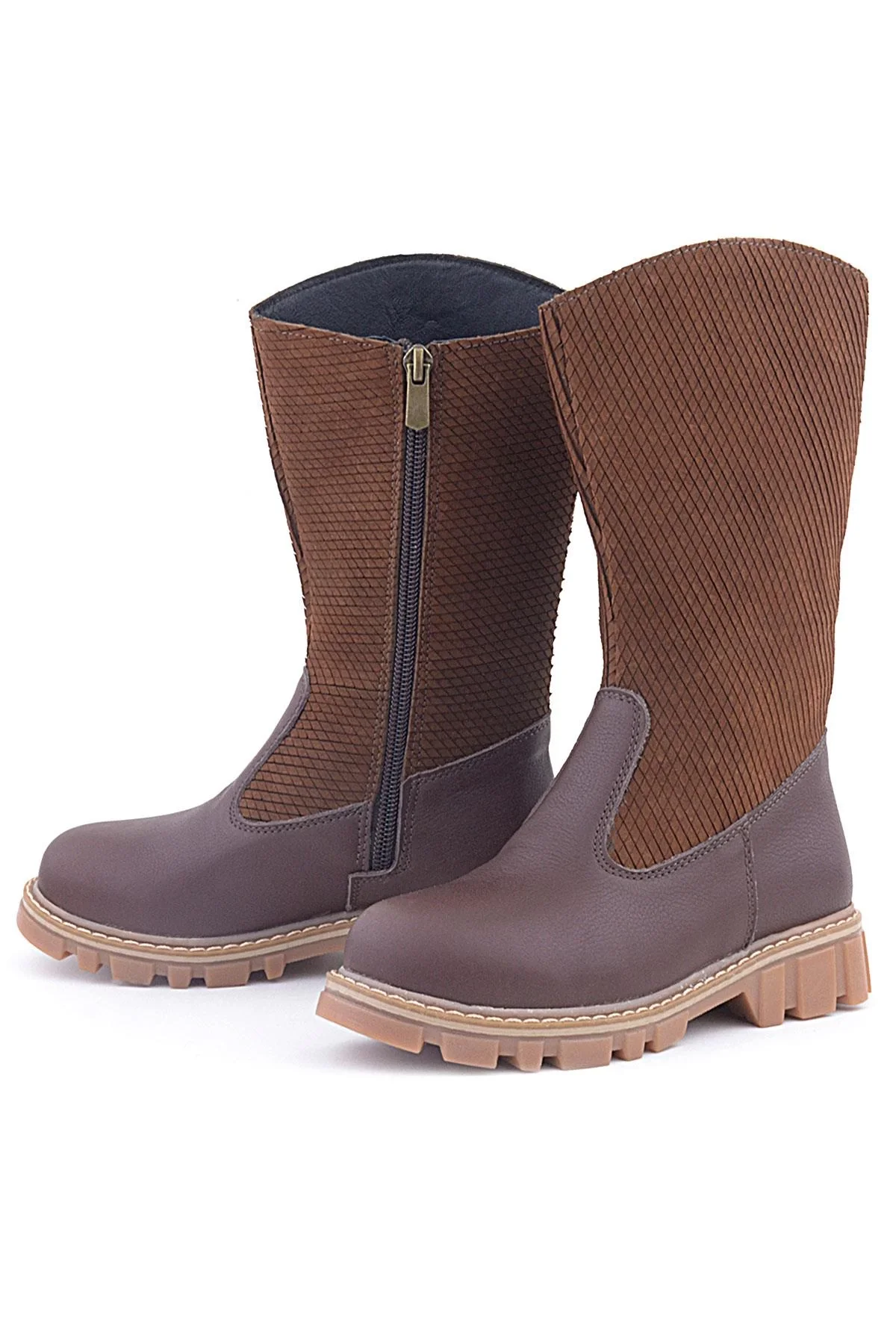 Rakerplus Hakiki Deri Taba Kahve Fermuarlı Uzun Kız Çocuk Çizme