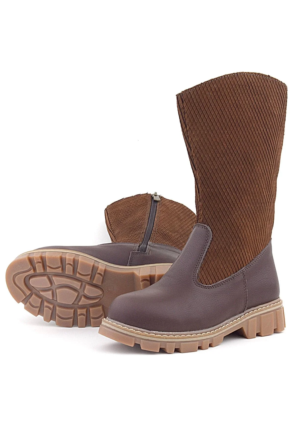 Rakerplus Hakiki Deri Taba Kahve Fermuarlı Uzun Kız Çocuk Çizme
