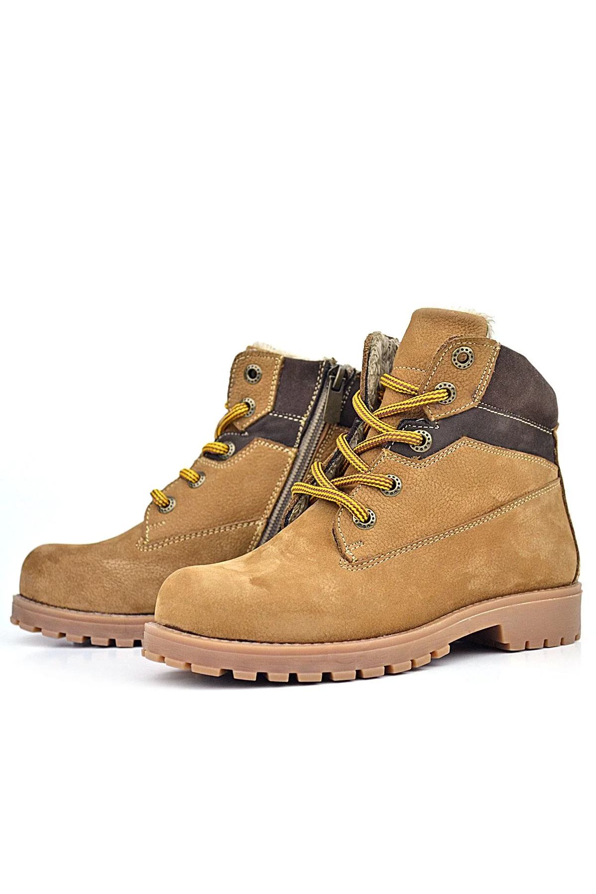 Rakerplus Hakiki Deri Taba Kahverengi Bağcıklı Fermuarlı Kışlık Çocuk Bot