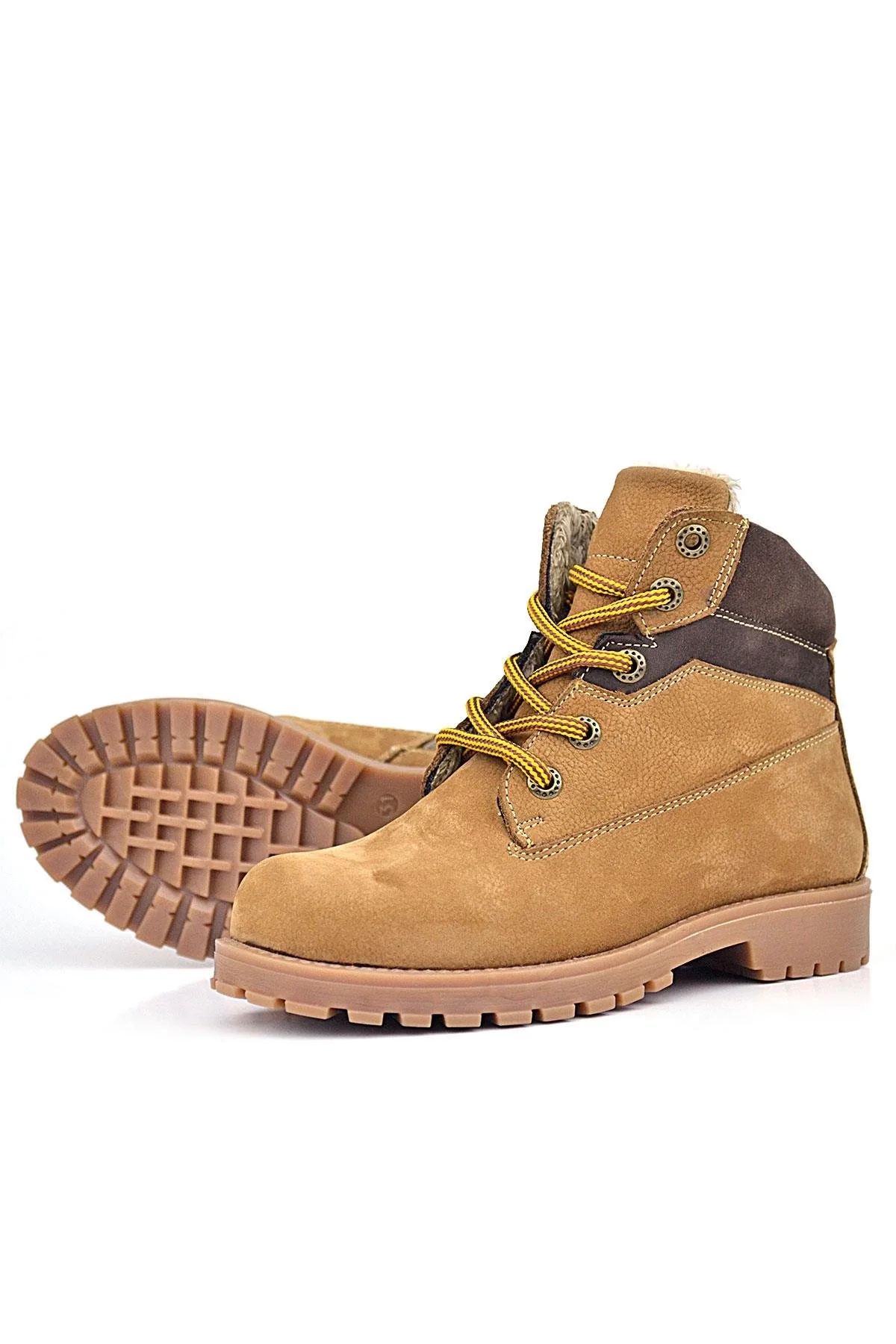 Rakerplus Hakiki Deri Taba Kahverengi Bağcıklı Fermuarlı Kışlık Çocuk Bot