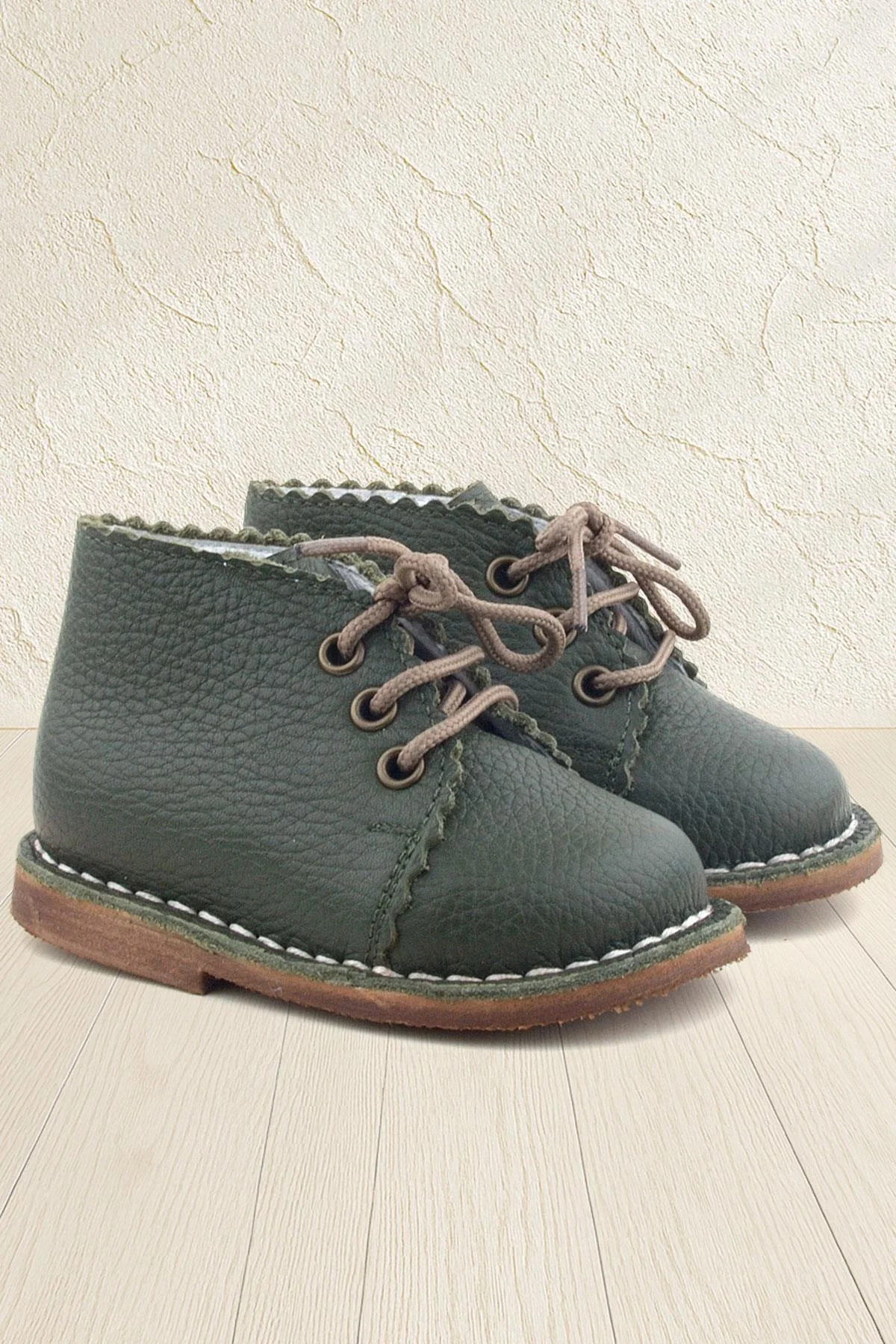 Rakerplus Handmade Hakiki Deri Haki Yeşil Bağcıklı Bebek Bot