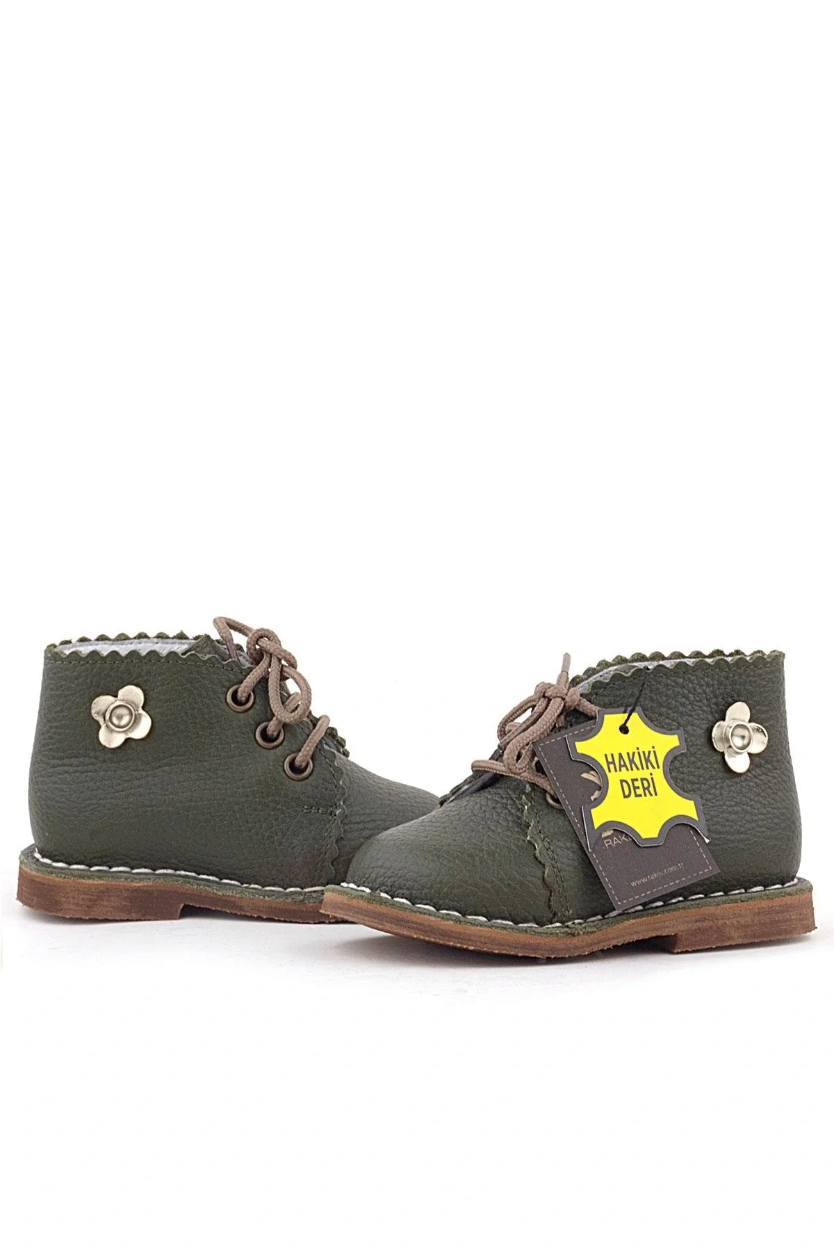 Rakerplus Handmade Hakiki Deri Haki Yeşil Çiçekli Bağcıklı Bebek Bot