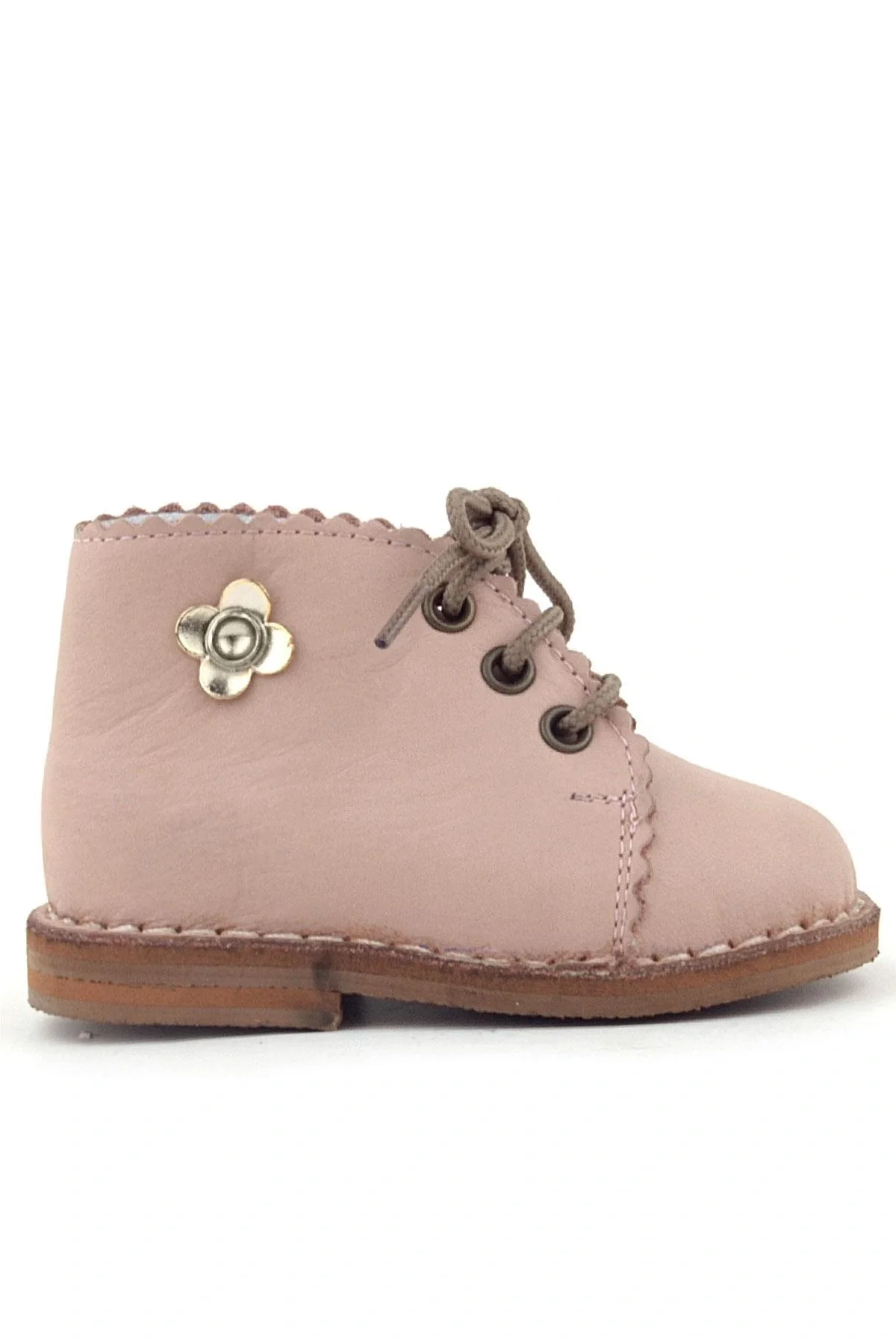 Rakerplus Handmade Hakiki Deri Pembe Çiçek Detaylı Bağcıklı Bebek Bot