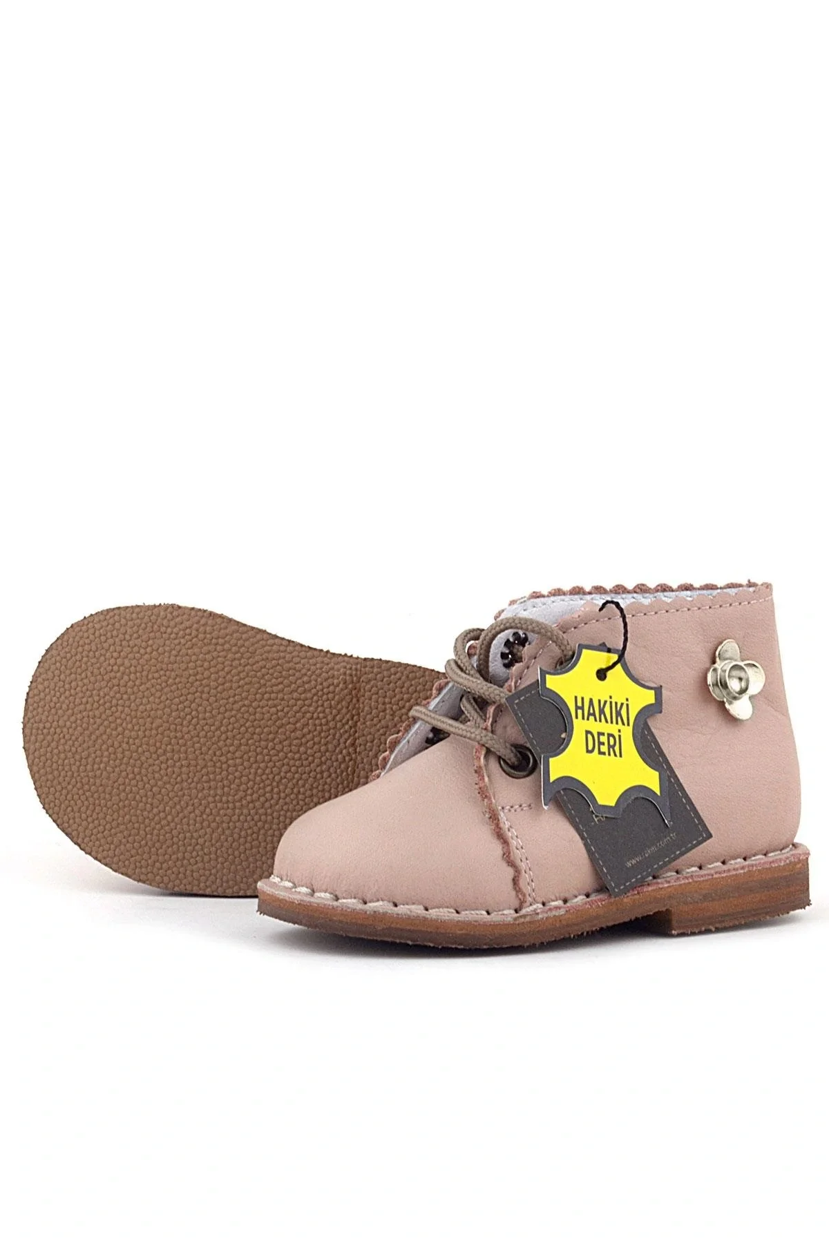 Rakerplus Handmade Hakiki Deri Pembe Çiçek Detaylı Bağcıklı Bebek Bot